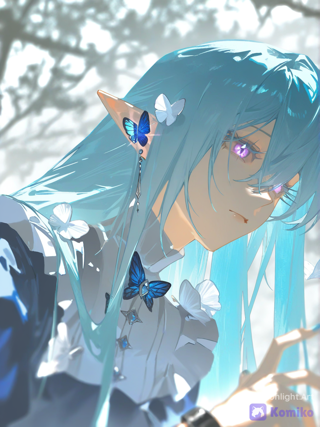 [aqua-dreamlight-style], @lua-9M6e, ultra close-up portrait with glowing blue butterflies resting near her hair and shoulders, soft moonlight illuminating her face, gentle expression, blurred flowers in the background, ethereal atmosphere, fantasy anime illustration, SFW
