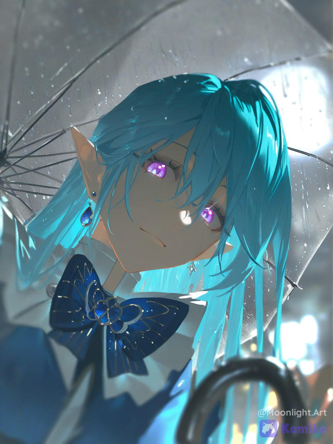 [aqua-dreamlight-style], @lua-9M6e, ultra close-up portrait under a transparent umbrella, tiny raindrops clinging to the surface above her, moonlight reflecting in her eyes, soft smile, damp hair framing her face, blurred city lights in the background, cinematic photography feel, SFW