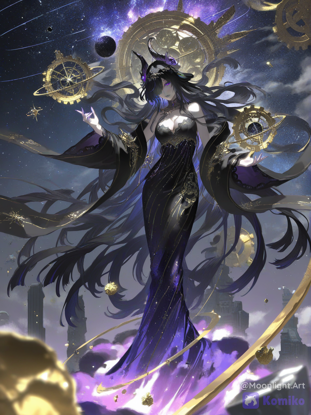 [aqua-dreamlight-style], ultra Nyxara, Goddess of Time, colossal cosmic deity, gigantic female kaiju towering over a futuristic city skyline, her body dwarfing skyscrapers, divine scale impossible to comprehend, elegant and serene expression despite overwhelming power, endless flowing black hair with subtle blue highlights, glowing violet eyes, celestial beauty, ethereal pale skin, luxurious black and deep indigo gown infused with stars and nebulae, sleeves trailing like cosmic rivers, ornate golden temporal ornaments, goddess-like elegance, surrounded by massive floating clock faces larger than buildings, shattered hourglasses raining luminous sand through the sky, enormous rotating gears, celestial astrolabes, glowing temporal rings orbiting her body, cracks in spacetime spreading across the heavens, fragments of different eras overlapping, ruined architecture merging with ancient monuments and futuristic structures, golden and sapphire streams of time energy swirling around her hands, galaxies bending behind her, constellations forming halos, reality warping, space folding, frozen debris suspended in midair, distorted gravity, impossible perspective, cinematic lighting, god rays piercing storm clouds, epic fantasy atmosphere, cosmic scale, breathtaking composition, world-ending presence, majestic rather than monstrous, SFW, @nyxara-AP4M