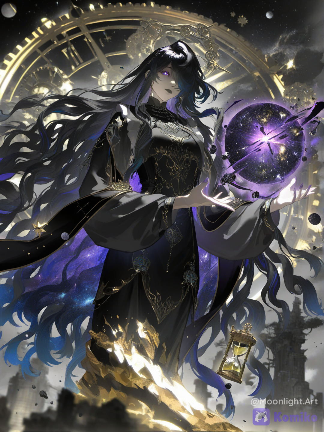 [aqua-dreamlight-style], ultra Nyxara, Goddess of Time, colossal cosmic deity, gigantic female kaiju towering over a futuristic city skyline, her body dwarfing skyscrapers, divine scale impossible to comprehend, elegant and serene expression despite overwhelming power, endless flowing black hair with subtle blue highlights, glowing violet eyes, celestial beauty, ethereal pale skin, luxurious black and deep indigo gown infused with stars and nebulae, sleeves trailing like cosmic rivers, ornate golden temporal ornaments, goddess-like elegance, surrounded by massive floating clock faces larger than buildings, shattered hourglasses raining luminous sand through the sky, enormous rotating gears, celestial astrolabes, glowing temporal rings orbiting her body, cracks in spacetime spreading across the heavens, fragments of different eras overlapping, ruined architecture merging with ancient monuments and futuristic structures, golden and sapphire streams of time energy swirling around her hands, galaxies bending behind her, constellations forming halos, reality warping, space folding, frozen debris suspended in midair, distorted gravity, impossible perspective, cinematic lighting, god rays piercing storm clouds, epic fantasy atmosphere, cosmic scale, breathtaking composition, world-ending presence, majestic rather than monstrous, SFW, @nyxara-AP4M