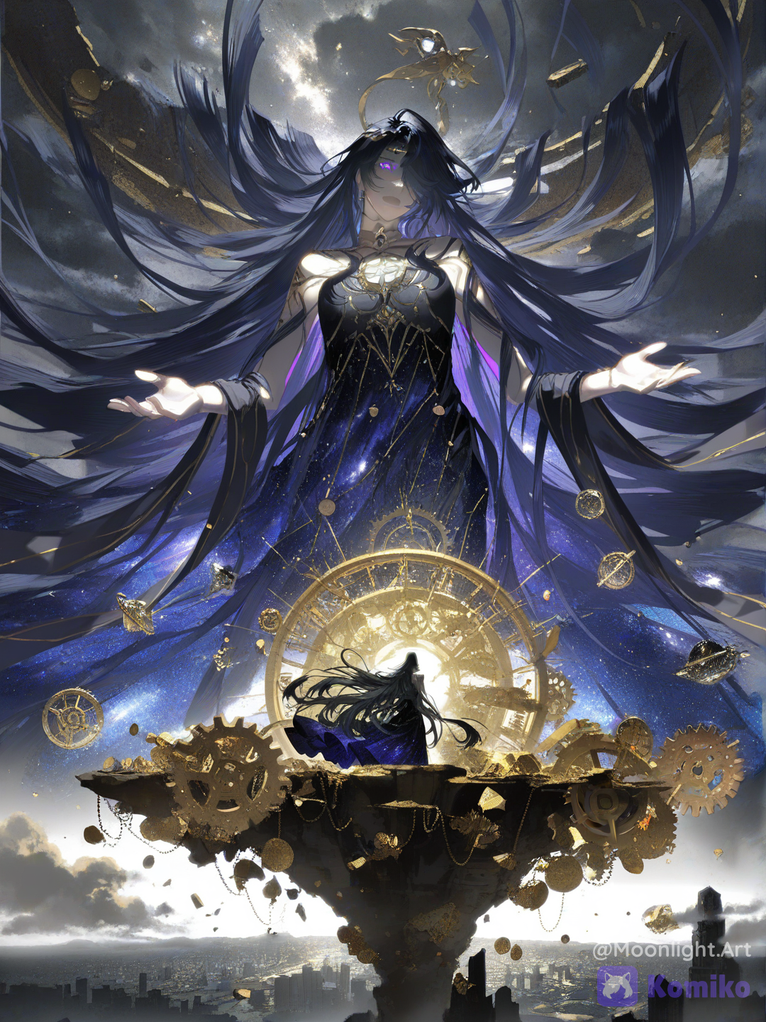 [aqua-dreamlight-style], ultra Nyxara, Goddess of Time, colossal cosmic deity, gigantic female kaiju towering over a futuristic city skyline, her body dwarfing skyscrapers, divine scale impossible to comprehend, elegant and serene expression despite overwhelming power, endless flowing black hair with subtle blue highlights, glowing violet eyes, celestial beauty, ethereal pale skin, luxurious black and deep indigo gown infused with stars and nebulae, sleeves trailing like cosmic rivers, ornate golden temporal ornaments, goddess-like elegance, surrounded by massive floating clock faces larger than buildings, shattered hourglasses raining luminous sand through the sky, enormous rotating gears, celestial astrolabes, glowing temporal rings orbiting her body, cracks in spacetime spreading across the heavens, fragments of different eras overlapping, ruined architecture merging with ancient monuments and futuristic structures, golden and sapphire streams of time energy swirling around her hands, galaxies bending behind her, constellations forming halos, reality warping, space folding, frozen debris suspended in midair, distorted gravity, impossible perspective, cinematic lighting, god rays piercing storm clouds, epic fantasy atmosphere, cosmic scale, breathtaking composition, world-ending presence, majestic rather than monstrous, SFW, @nyxara-AP4M