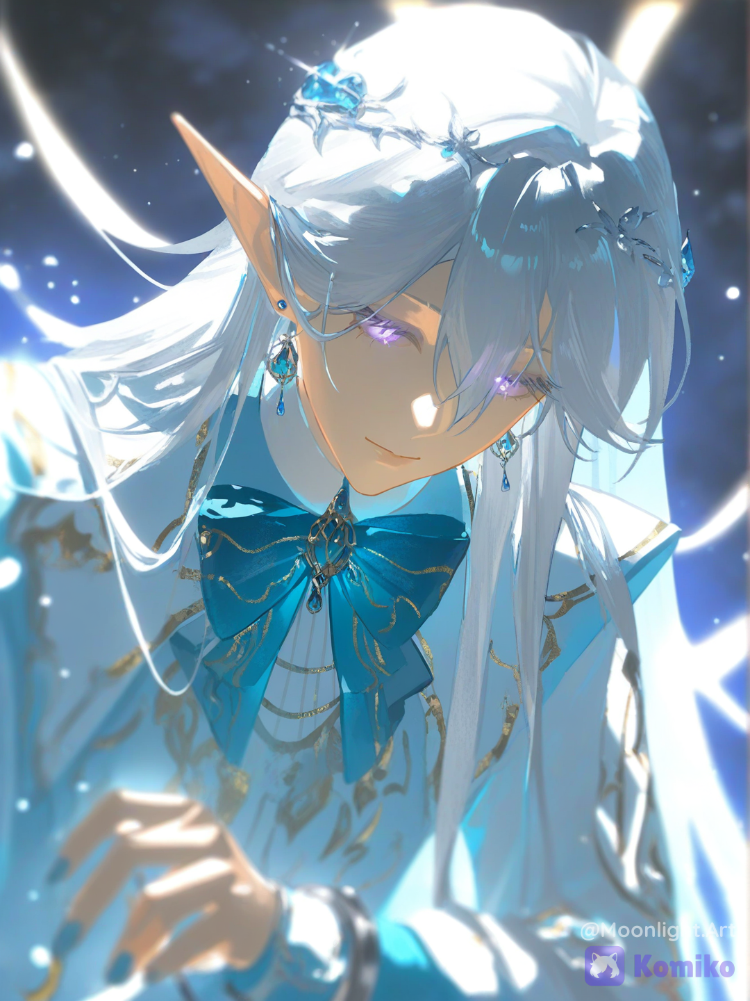 [aqua-dreamlight-style], @lua-9M6e,Close-up de uma elfa chamada Lua, rosto delicado e sereno, olhos brilhando como estrelas, cabelos prateados com pequenas flores e cristais, expressão tranquila e sábia, iluminação da lua no rosto, fundo desfocado de floresta mágica, fantasia anime, detalhes extremamente refinados