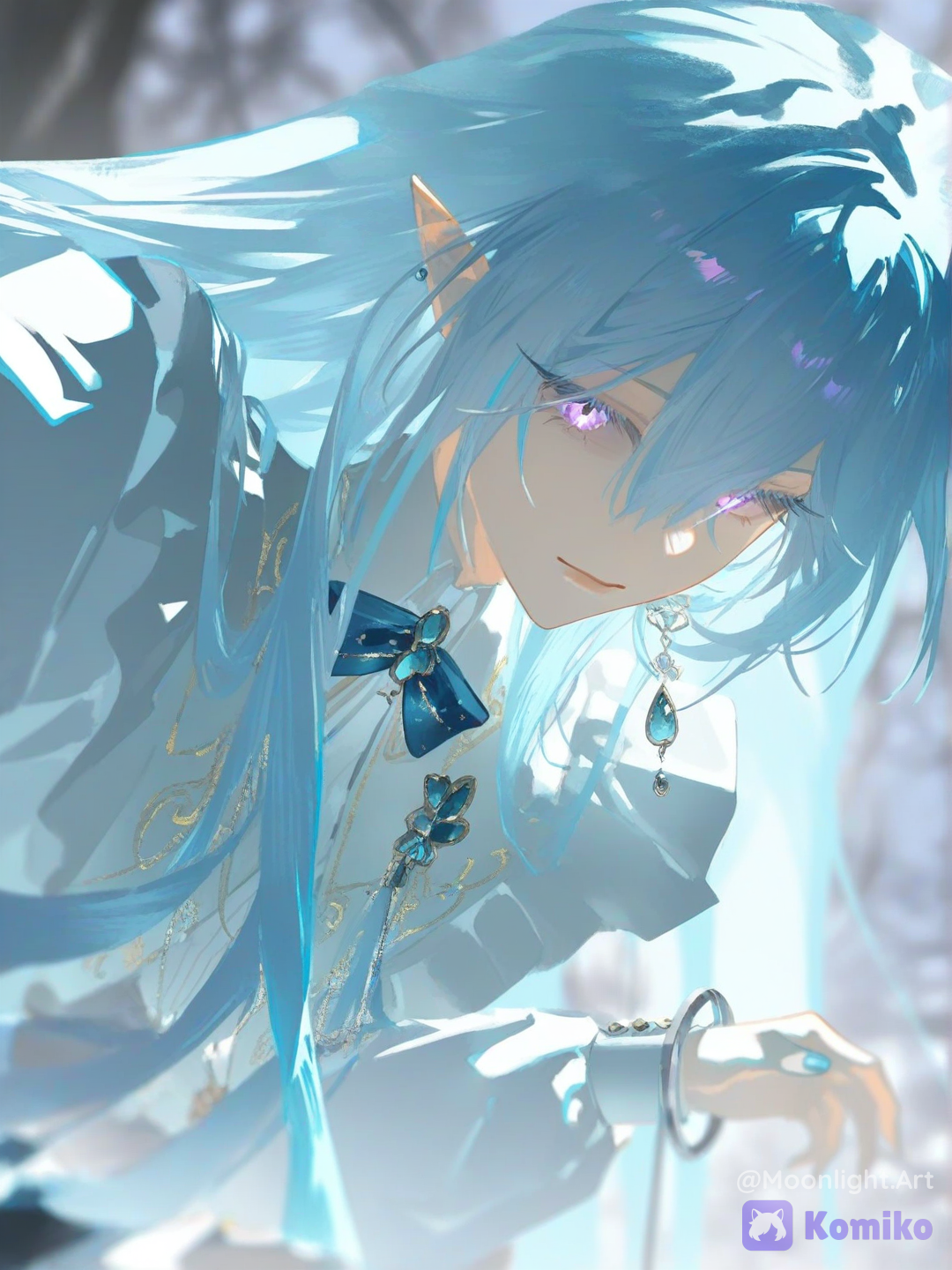 [aqua-dreamlight-style], @lua-9M6e,Close-up de uma elfa chamada Lua, rosto delicado e sereno, olhos brilhando como estrelas, cabelos prateados com pequenas flores e cristais, expressão tranquila e sábia, iluminação da lua no rosto, fundo desfocado de floresta mágica, fantasia anime, detalhes extremamente refinados