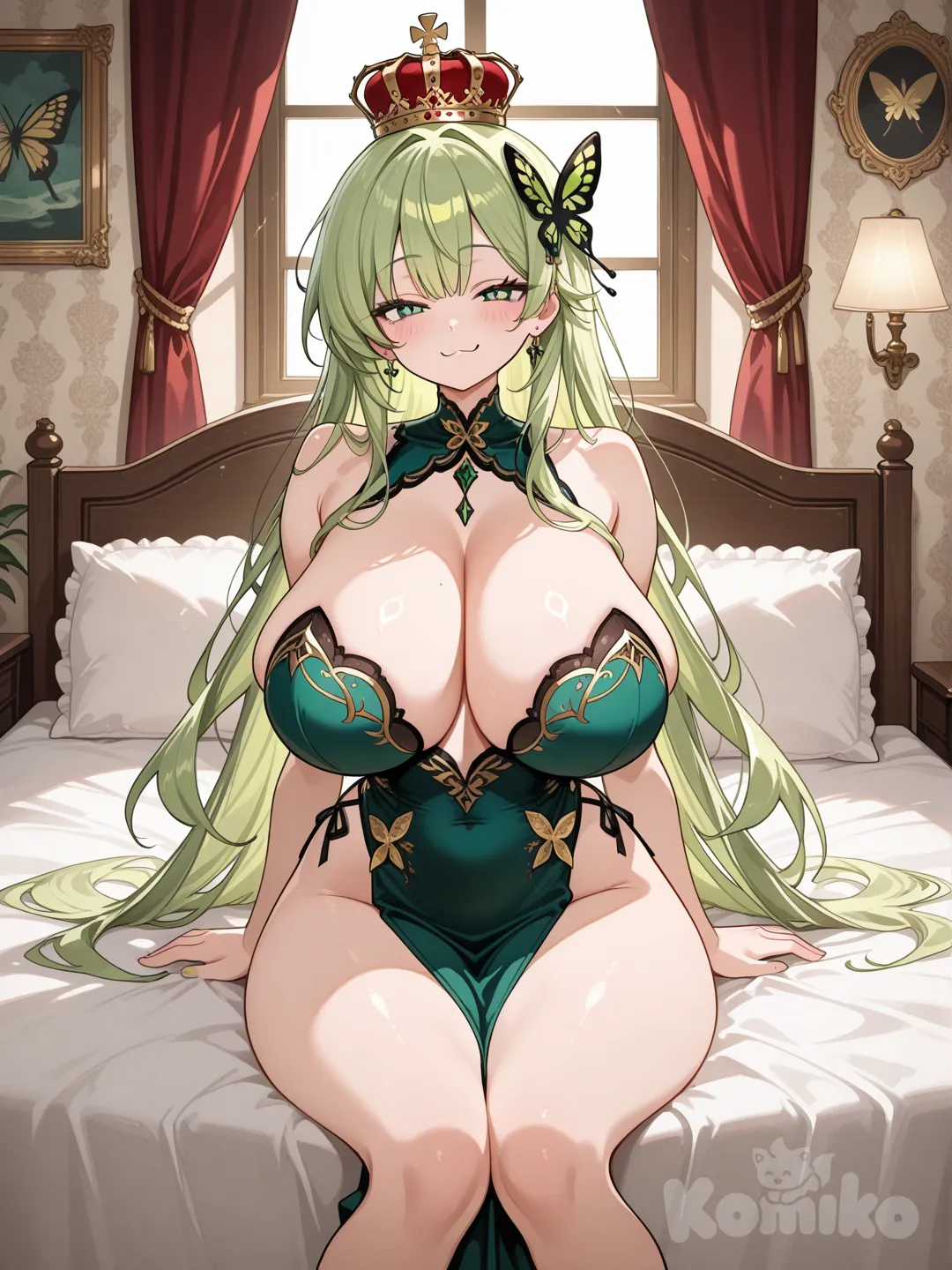 A stylized character with yellow-green hair, wearing a crown and a butterfly accessory, seated on a bed. The room has warm lighting from a window, soft brown walls, and a playful atmosphere. The character is partially nude, showcasing exaggerated features, with a confident expression and a playful pose. The bed has soft textures, and the background includes a decorative wall hanging with a playful design.