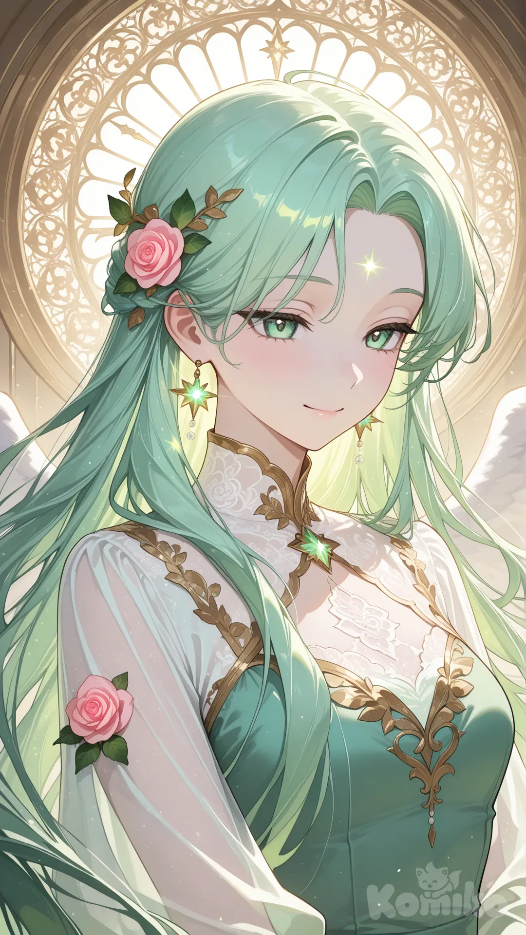 A semi-realistic close-up portrait of a serene celestial angelic maiden. She has very long, flowing mint-green hair and captivating green-gold almond eyes. She has a kind, divine smile. She is wearing a modest, elegant pastel green gown adorned with intricate gold embroidery and long, sheer chiffon sleeves. Soft, heavenly backlighting illuminates her hair and the glowing pink roses beside her face. eyes, soft skin texture, sharp focus, . 8k .