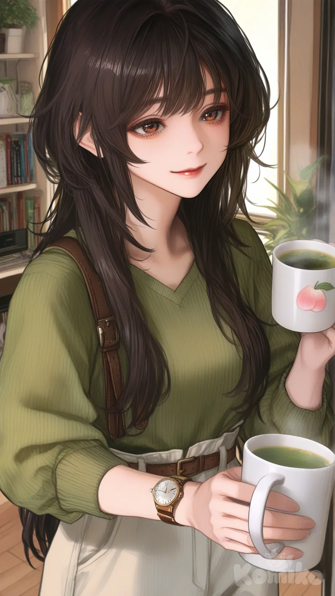 A 23-year-old woman, warm brown eyes, almond eyes shoulder-length straight black hair with soft natural waves at the ends, standing in a cozy modern music studio during golden hour. She wears a loose olive-green long-sleeve cotton shirt, high-waisted beige chinos, and clean white sneakers. On her left wrist: a vintage analog watch with a brown leather strap. She holds a steaming mug of pink herbal tea. Soft ambient light, shelves with vinyl records and small potted plants in the background. Natural makeup, subtle peach lip balm. Calm, observant expression — not smiling, but kind. semi-realistic anime. High detail, [semi-realistic-portrait-style]