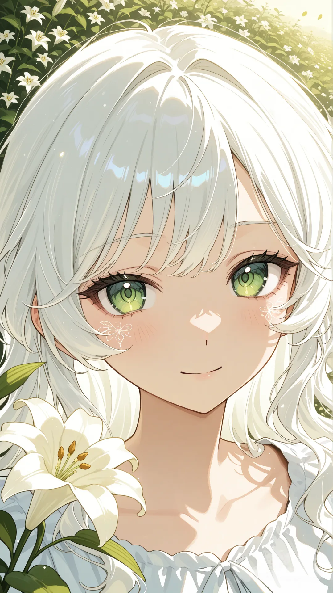 Close-up portrait of a young woman with wavy white hair, soft green eyes, and a gentle smile. Outdoor background with natural light (garden path). Semi-realistic anime style, ultra high detail, refined facial textures, intricate hair strands, subtle glow on the lily petals, cinematic shallow depth of field, crisp rendering, elegant color grading.