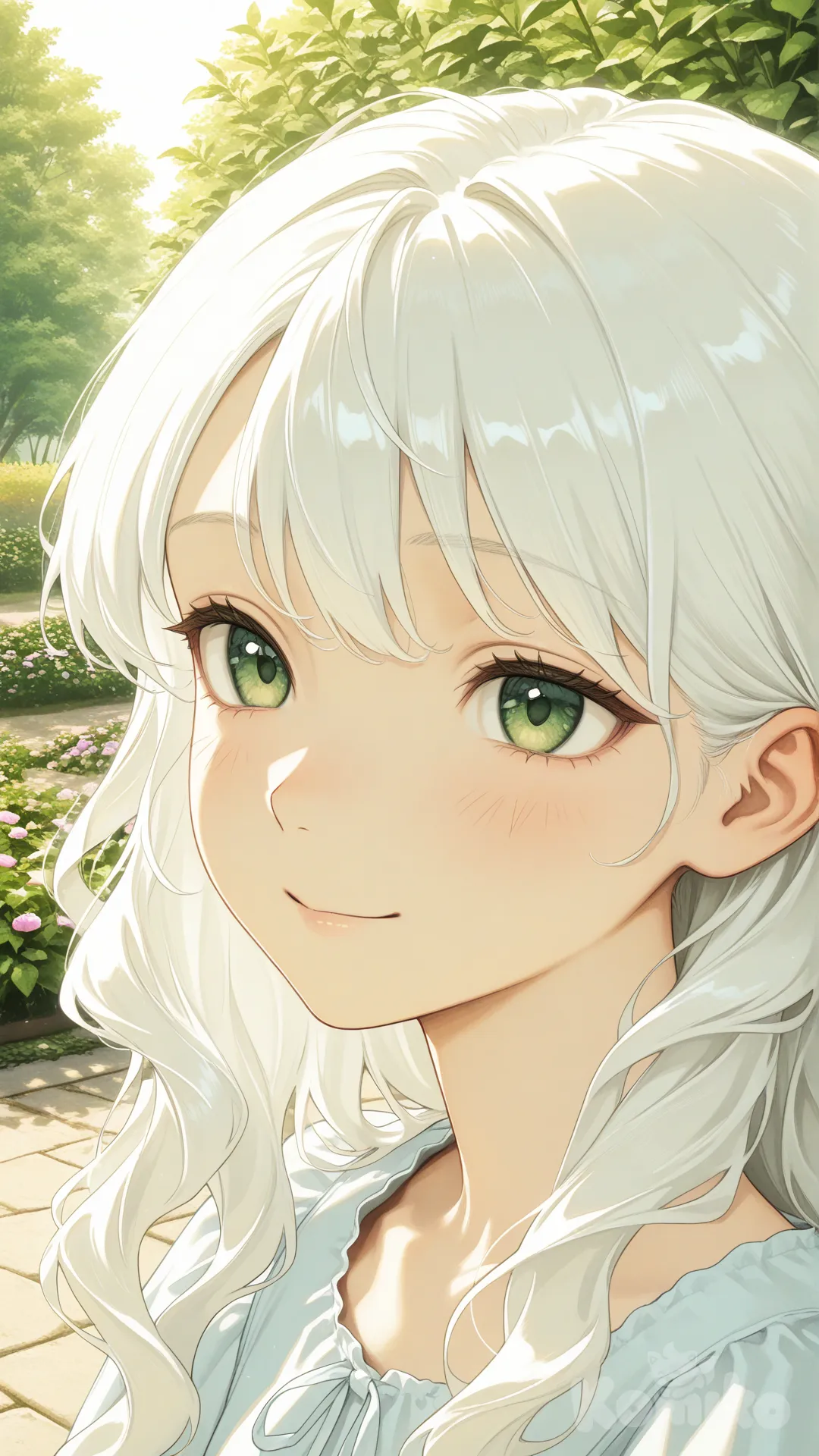 Close-up portrait of a young woman with wavy white hair, soft green eyes, and a gentle smile. Outdoor background with natural light (garden path). Semi-realistic anime art style, ultra high detail, HD 8k.