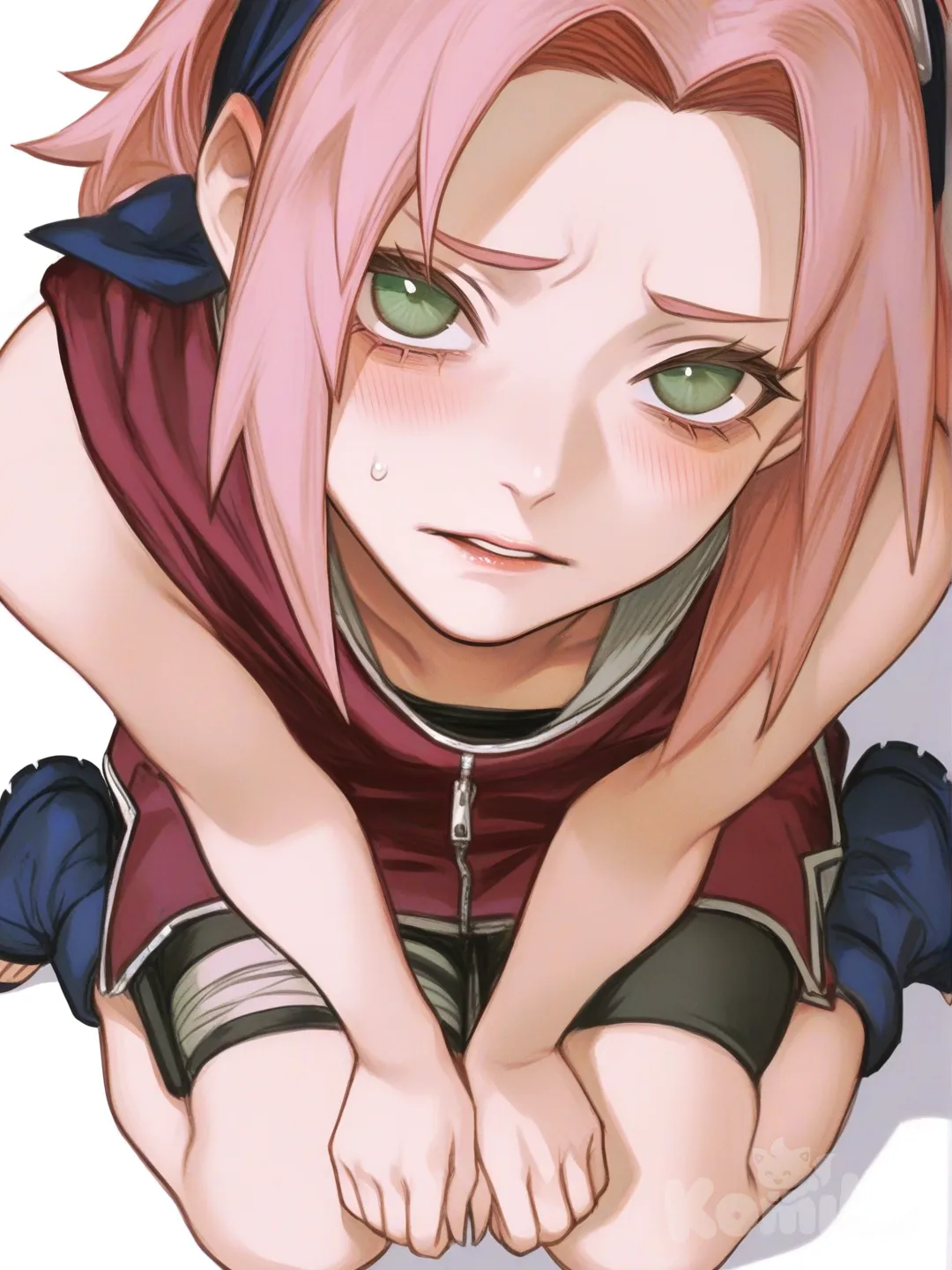 [semi-realistic-portrait-style] 1girl, sakura haruno, naruto (series), single character, full body, looking at viewer, anime style, simple background, white background