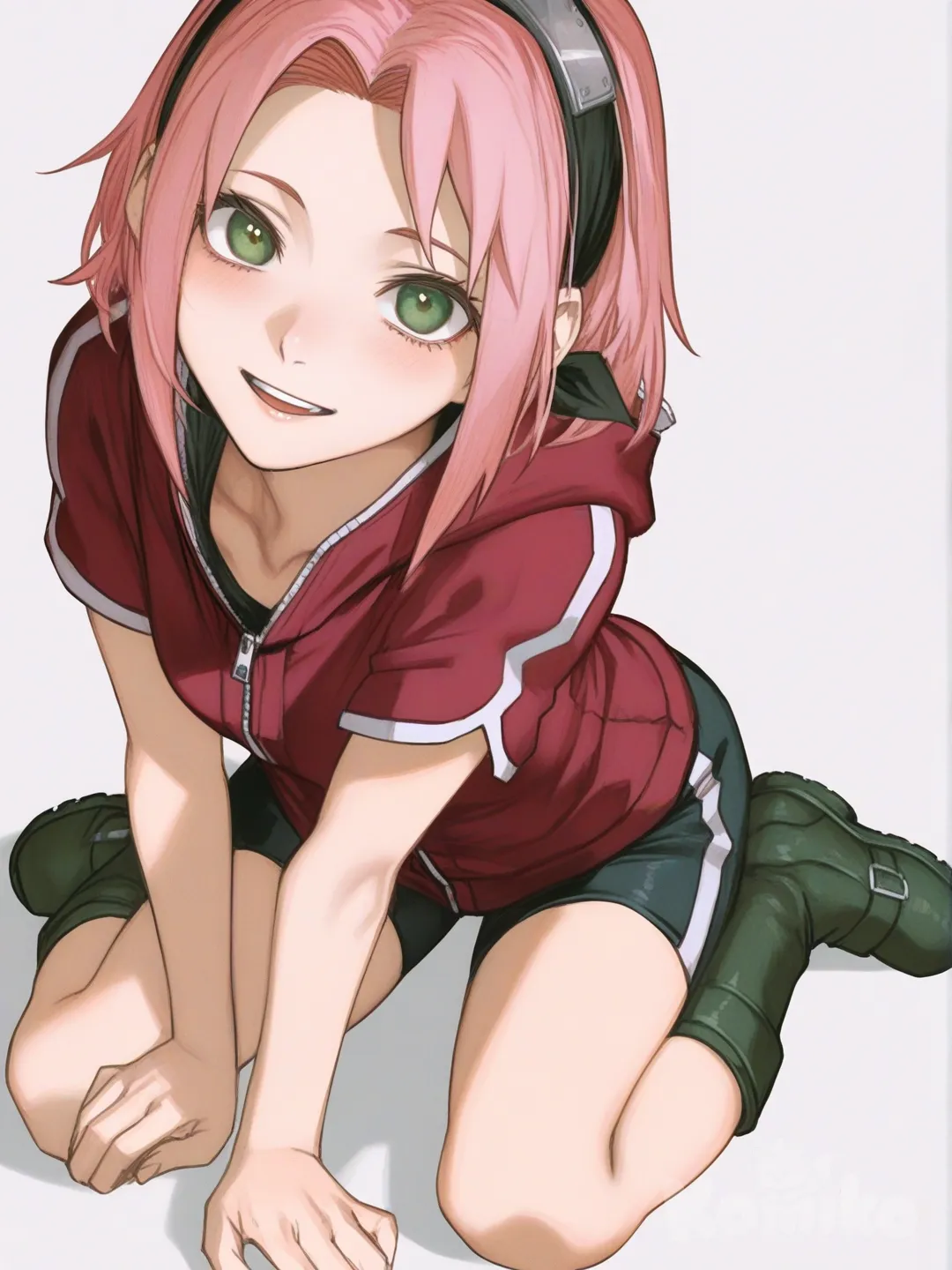 [semi-realistic-portrait-style] 1girl, sakura_haruno, single character, full body, looking at viewer, anime style, simple background, white background