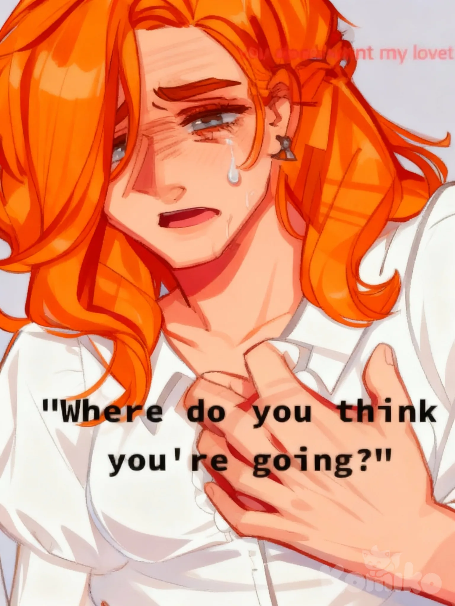 Yandere Elliott (Stardew Valley), White Blouse on, orange hair (flamboyant hairstyle), distressed, a hand on his heart (colored)