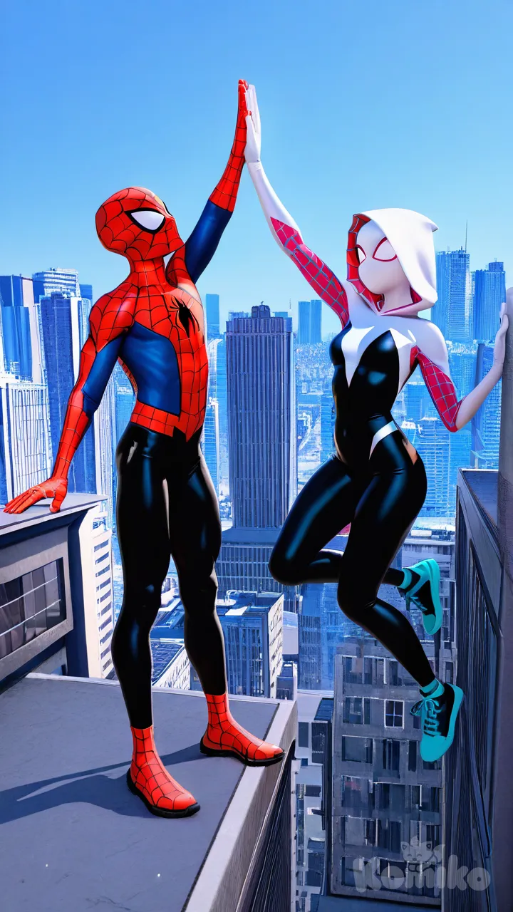 3d, @Spider-Man_(2099), @Spider-Gwen, jumping from rooftop, full body, high five