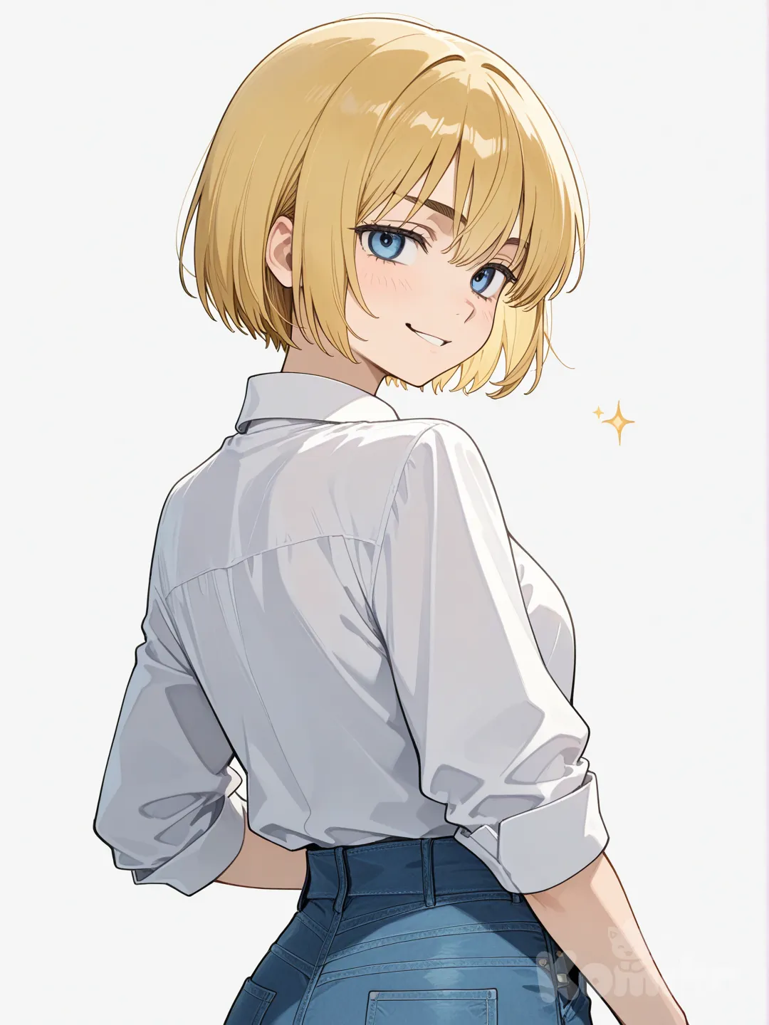 @Armin_Arlert, genderswap (mtf), looking back, smirk, jeans, middle body
