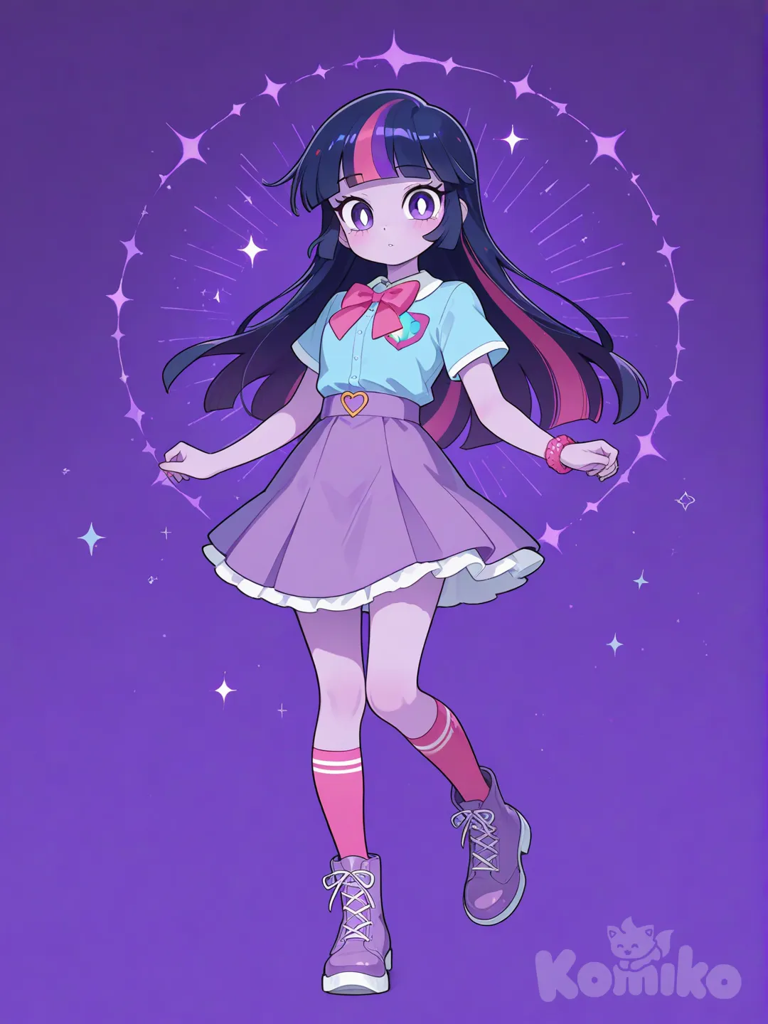 equestria girls, twilight sparkle, colored skin, purple skin, long hair, purple hair, pink hair, streaked hair, multicolored hair, purple eyes, eq outfit, blue shirt, pink bow, eq skirt, pink socks, eq boots, official style