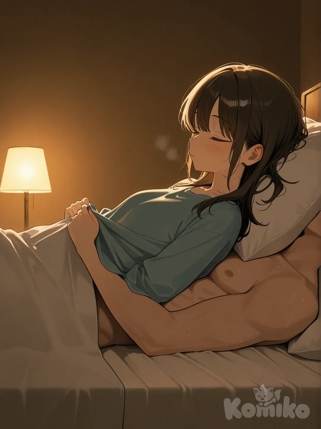 1girl,1boy,boy sitting,girl laying on bed,bedroom,girl sleeping,girl eyes closed,boy removes girl clothes