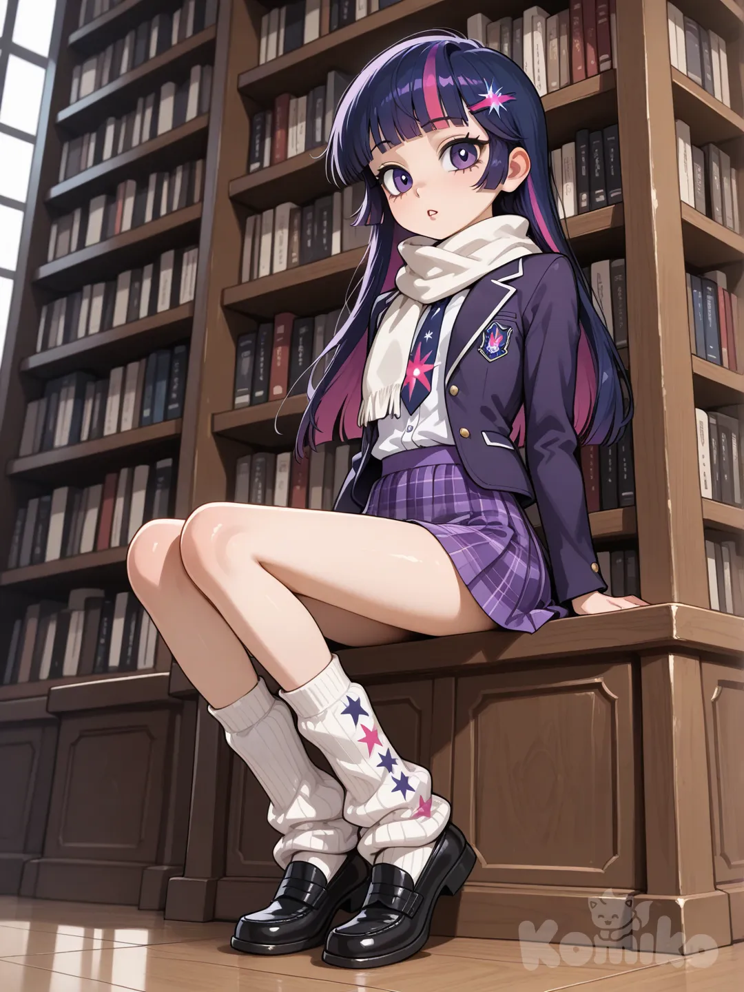 1woman,sitting pose,nude, sultry expression, libary setting, soft lighting, alluring gaze, ultra-twilight sparkle, skinny,big sole, flat chest,tall head,realistic head, tall female,19 years old,parted lips, leg warmer socks,black loafers,pattern socks,purple mini skirt,pattern tie,plaid pattern skirt,flat ass,woman,realistic face,long neck,realistic face,big eyes,long chin,long skinny legs,long toes,button shirt with character log,small hips,petite thighs,negative prompt:wide hips,dark purple jacket over shirt,white scarf,big feet,thin legs,grown woman,woman head,woman face,remove child features