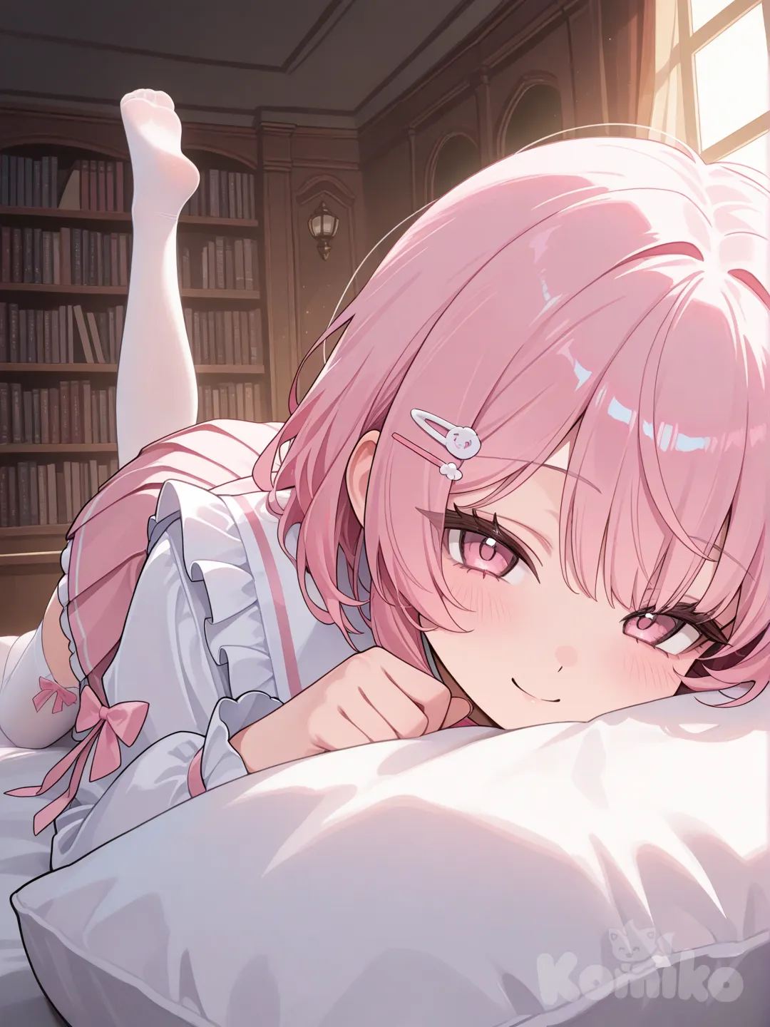 girl,pink hair,pink eyes, smile, lying on the bed, pleated skirt, ruffles, hairpin, closeup, ambient light, library，white stockings，feet, leg up, [glossy-anime-style]