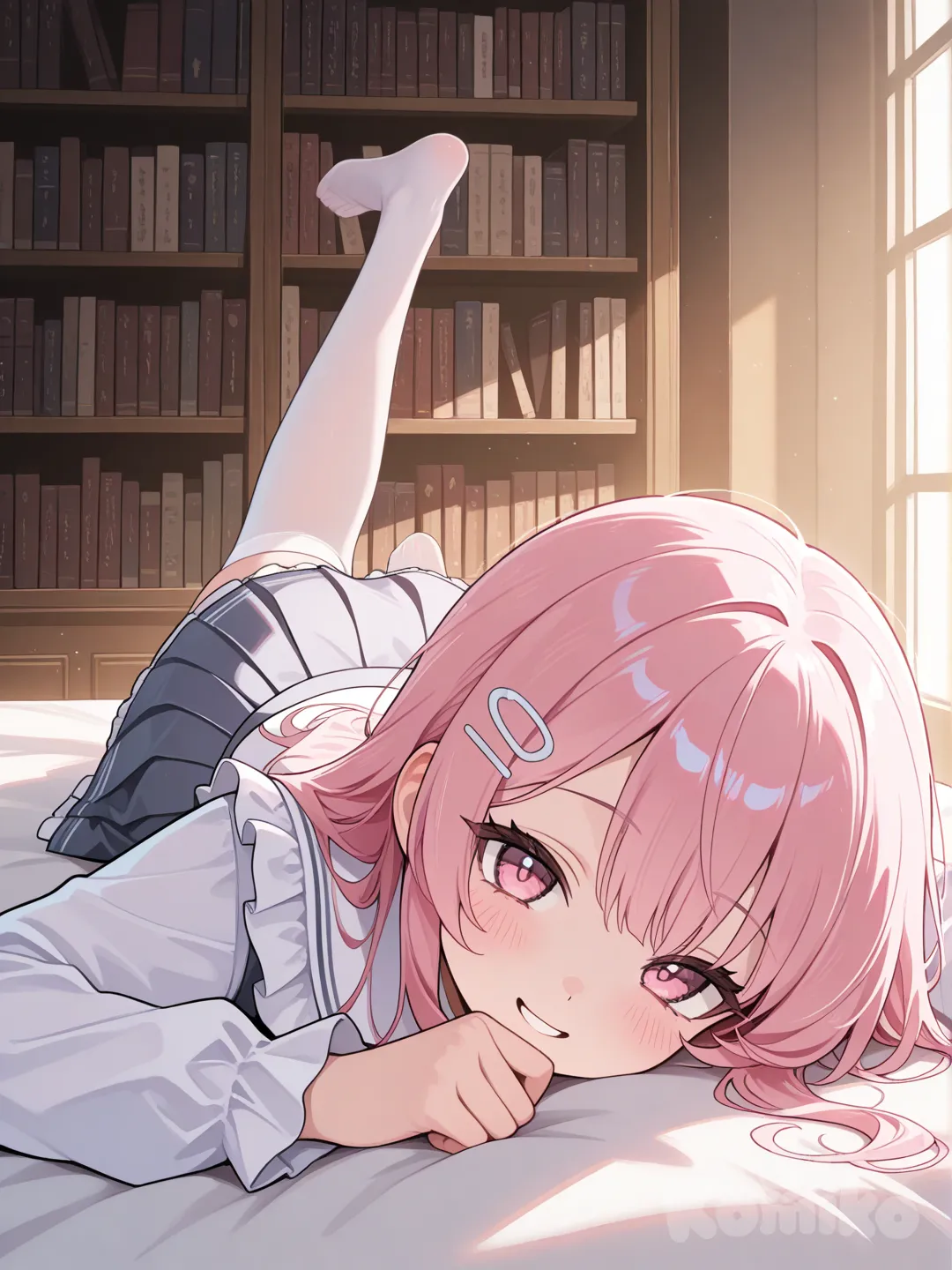 girl,pink hair,pink eyes, smile, lying on the bed, pleated skirt, ruffles, hairpin, closeup, ambient light, library，white stockings，feet, leg up, [glossy-anime-style]