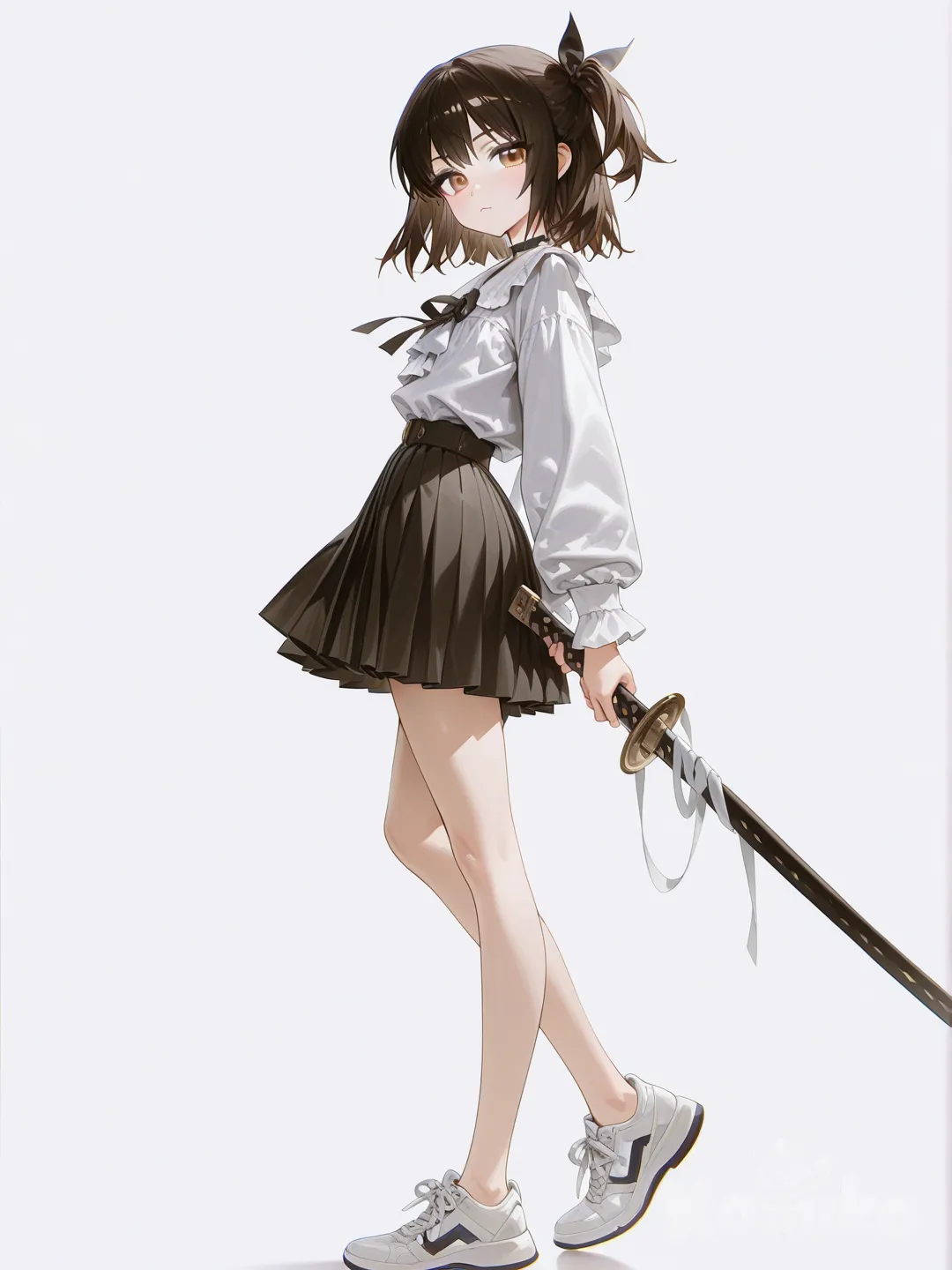1girl, [high-gloss-illustration-style], on one leg, blouse, pleated skirt, ribbon, white background, from side,look at me, White sneakers, ，no socks, holding sword