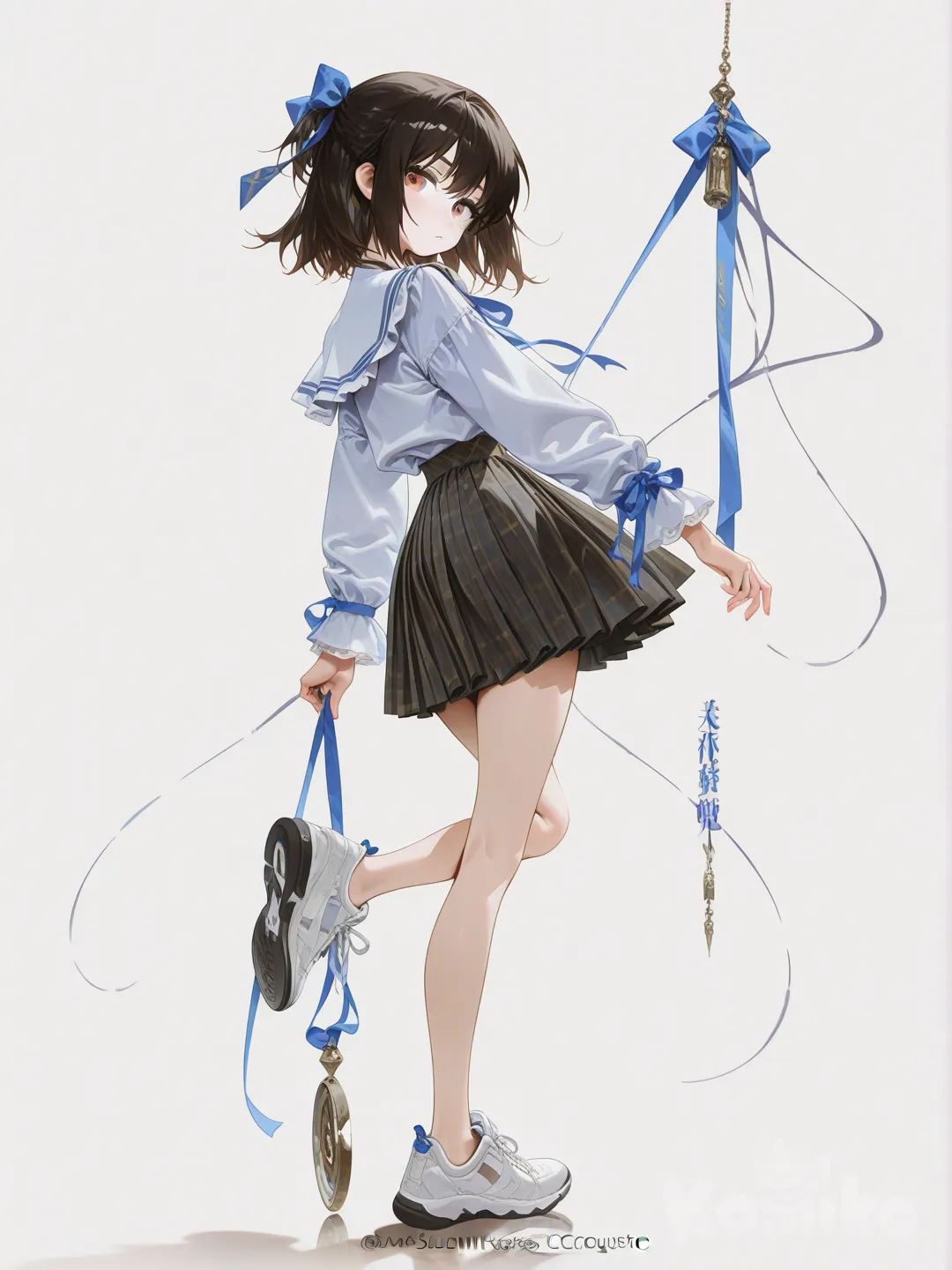 1girl, [high-gloss-illustration-style], on one leg, blouse, pleated skirt, ribbon, white background, from side,look at me, White sneakers, looking back，no socks
