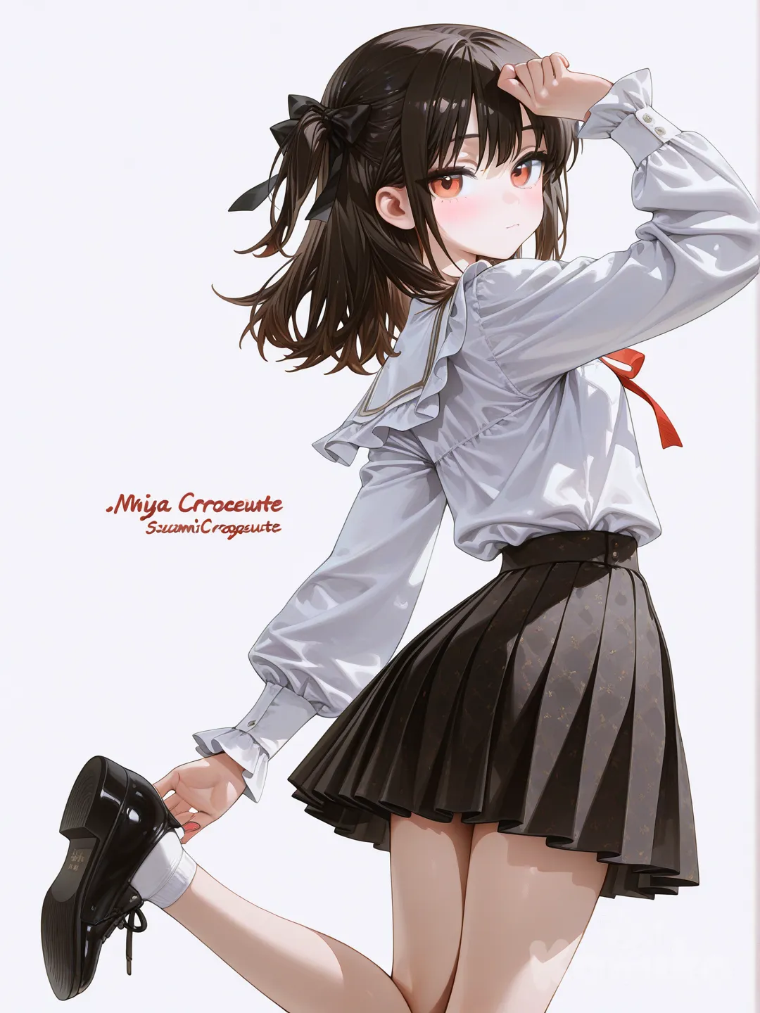 1girl, [high-gloss-illustration-style], on one leg, blouse, pleated skirt, ribbon, white background, shoes, from side,look at me, looking back