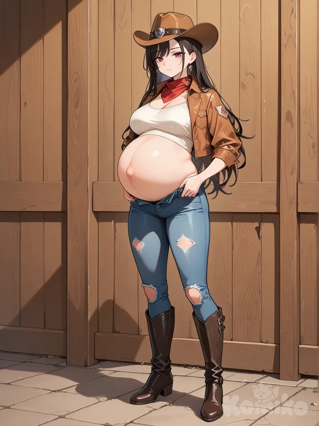 Vaquera embarazada con jeans ajustados desabrochados y botas altas negras de montar caballo tipo RIDING BOOTS