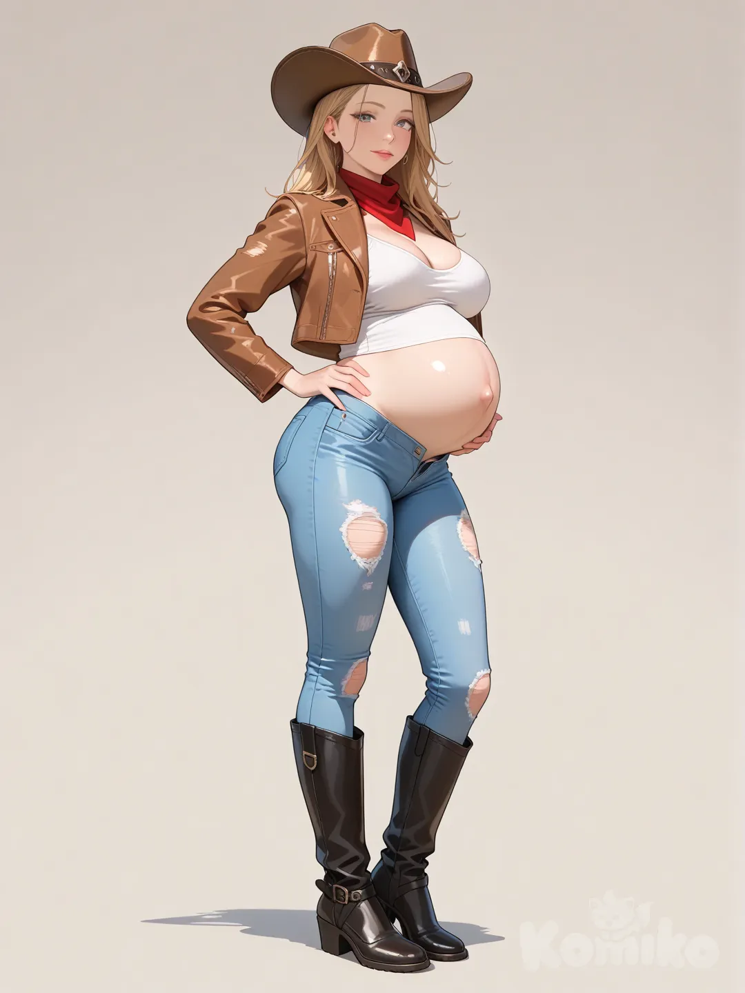 Vaquera embarazada realista con jeans ajustados desabrochados y botas altas negras de montar caballo tipo RIDING BOOTS