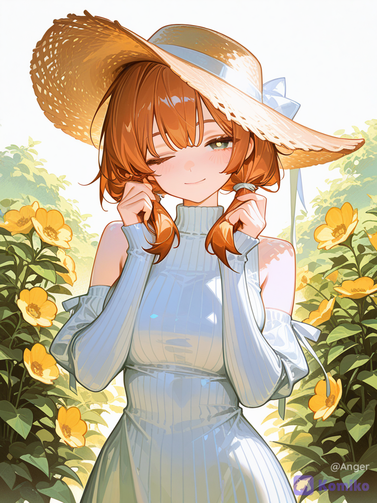 [high-gloss-illustration-style], @sen-chuan-xi-morikawa-yuu-qnOj, long hair, sun hat, summer dress, holding hair, one eye closed,garden, summer, windy, yellow flower, golden hour, upper body, cowboy shot, ethereal lighting, looking at viewer, blush, smile, portrait