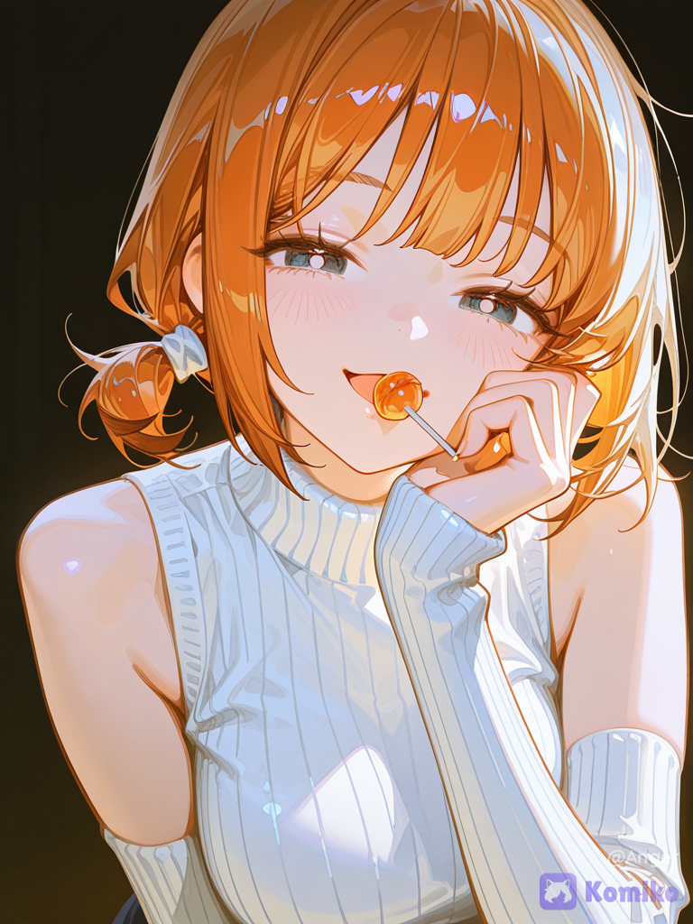[high-gloss-illustration-style], @sen-chuan-xi-morikawa-yuu-qnOj, polo shirt, incoming gift, orange lollipop, open mouth, facing the camera, portrait, ambient light, chin resting, looking at viewer, smile