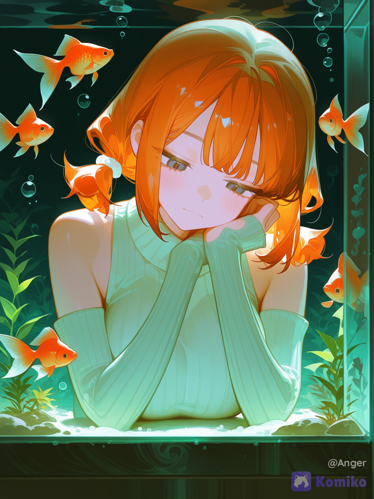 [high-gloss-illustration-style], @sen-chuan-xi-morikawa-yuu-qnOj, short sleeves, bare one shoulders, off shoulder, fish tank, air bubble, gold fish, head on hands,lookking at animals, dim lighting, expressionless, thinking, portrait, headshot, head tilt