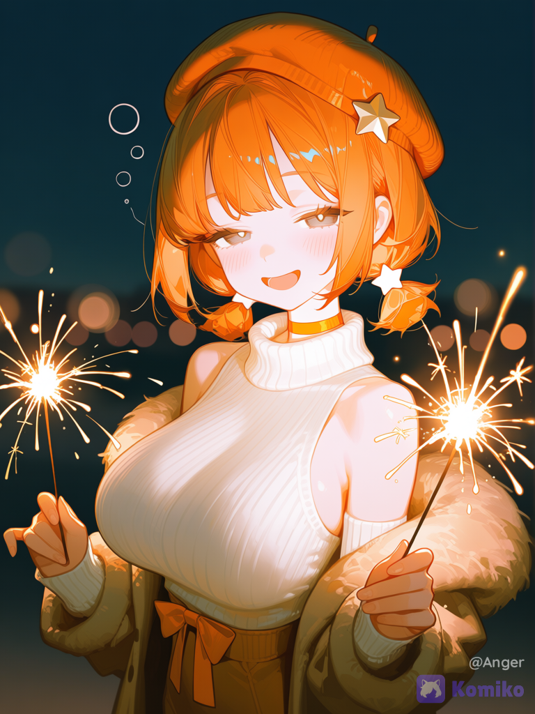 @sen-chuan-xi-morikawa-yuu-qnOj, [high-gloss-illustration-style], closed eyes, alternate costume, hair ornament, star hair ornament, beret, sweater, orange choker, bow, blush, open mouth, holding fireworks, upper body, looking at viewer, depth of field, flickering light, night, blurred background, fur collar coat, smile