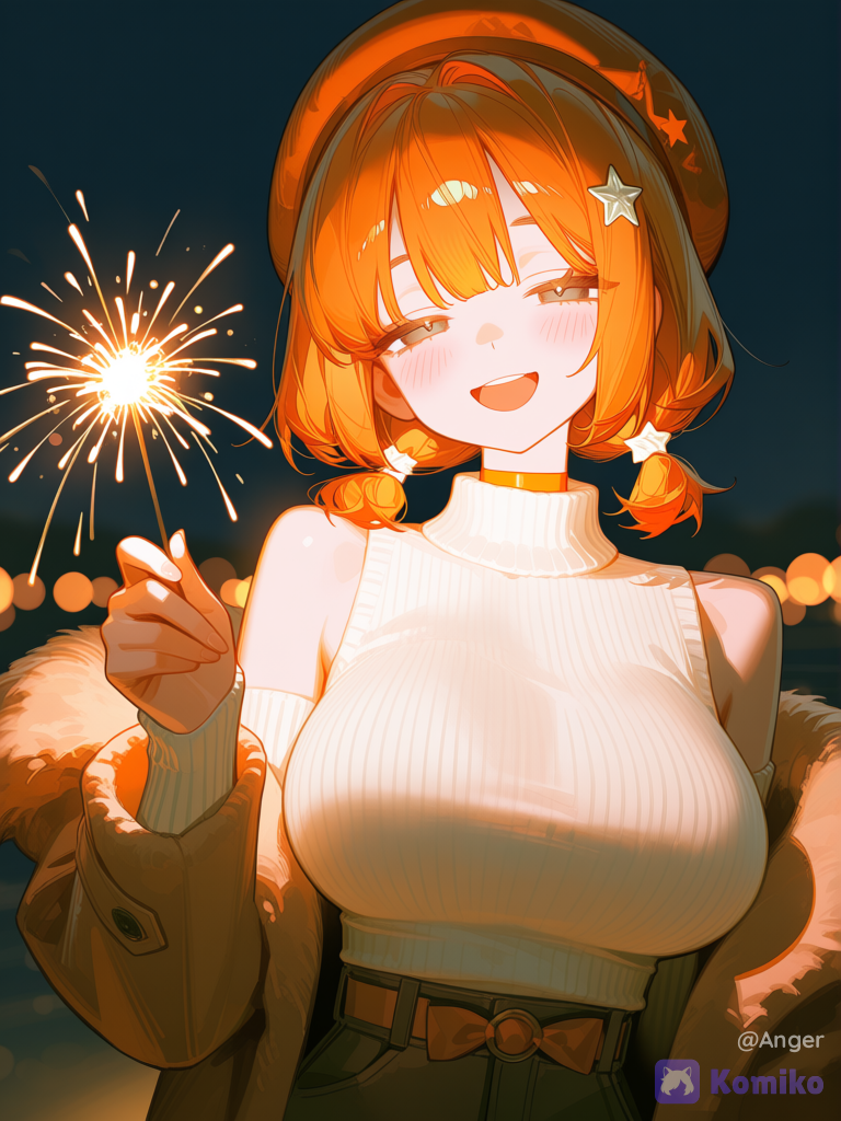 @sen-chuan-xi-morikawa-yuu-qnOj, [high-gloss-illustration-style], closed eyes, alternate costume, hair ornament, star hair ornament, beret, sweater, orange choker, bow, blush, open mouth, holding fireworks, upper body, looking at viewer, depth of field, flickering light, night, blurred background, fur collar coat, smile
