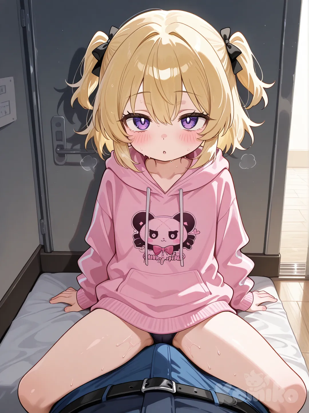 1girl, nude, seductive pose, soft lighting, ultra-embarrassed, pussy, breasts, full body, lying, crying, feet, crying with eyes open, stomach, toenails, you gonna get raped, hands up, hanging breasts, scared, completely nude, legs together, @Anya_(Spy_X_Family)