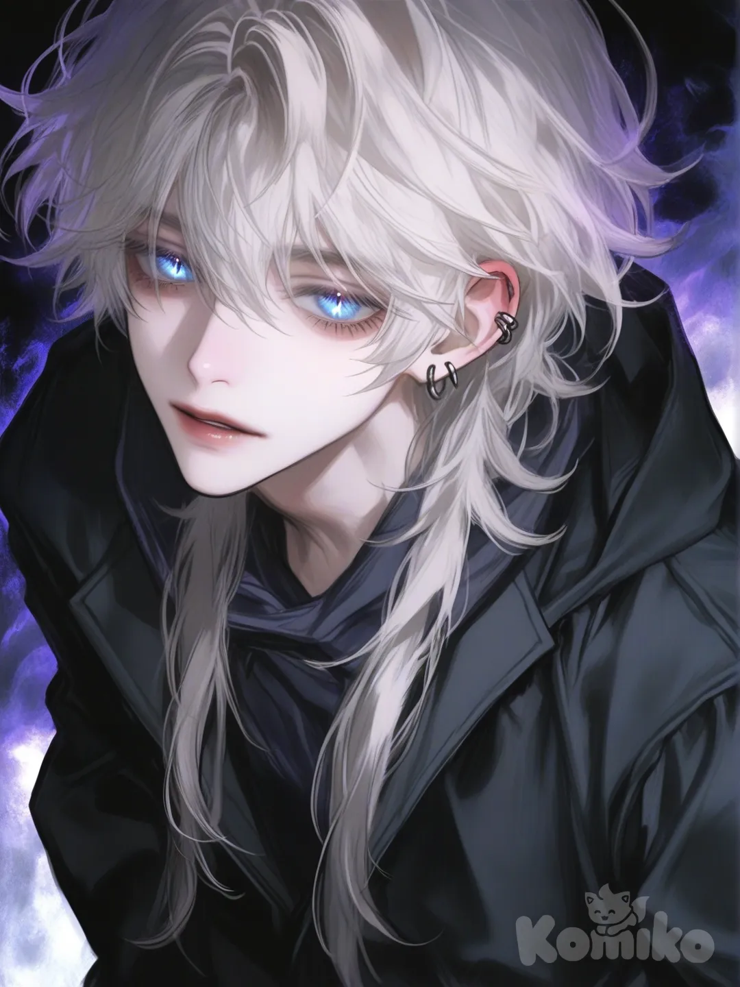 Buatin gambar anime boy, disain karakter Yuji Takamura, tinggi badan 192 cm, kepribadian dingin, usia 19 tahun, memiliki rambut acak² an berwarna putih bersih, mata berwarna Biru langit cerah berkilauan, memakai jas jubah panjang berwarna hitam seperti Mafia, dan memiliki anting panjang dan 2 tindik di telinga nya... 

buat gambar sedetail mungkin, se jernih mungkin, se HDR+ dan tambahkan aura berwarna Biru ungu kehitaman dj sekeliling tubuh nya. 

buat pose cool dng ekspresi datar dan tatapan mata yang dingin dan kosong, [semi-realistic-portrait-style]