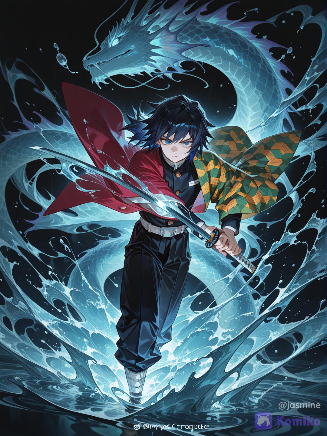 ultra anime illustration, legendary swordsman standing in complete darkness surrounded by powerful water currents, handsome young man with spiky dark navy-blue hair, sharp layered hairstyle, intense sapphire-blue eyes glowing with determination, calm yet intimidating expression, fair skin, refined facial features, heroic appearance. He is wearing a traditional Demon Slayer uniform consisting of a dark navy gakuran jacket, matching trousers, white belt, gold buttons, and an elegant half-and-half haori draped over his shoulders. One side of the haori is solid deep crimson-red, while the other side features a vibrant geometric pattern of green, yellow, orange, and turquoise hexagonal shapes. The fabric flows dramatically as if moved by the force of the surrounding water. The swordsman grips a katana with both strength and precision. The blade is partially drawn, reflecting blue light from the water techniques around him. His posture is calm, balanced, and masterful, showing the confidence of an elite warrior. Massive waves of crystal-clear water spiral around his body in beautiful circular motions. The water forms elegant dragon-like arcs and swirling currents filled with white foam and splashes. Countless droplets scatter through the air. Intricate water patterns create dynamic movement around the character, as if the entire ocean is responding to his swordsmanship. Dark black background creates strong contrast against the bright water effects. Brilliant shades of cyan, sapphire blue, turquoise, and white illuminate the scene. The water glows with magical energy, producing dramatic highlights and reflections across the character's face, clothing, and sword. Cinematic composition, powerful action pose, manga cover aesthetic, Japanese ukiyo-e inspired water patterns, fantasy atmosphere, line art, sharp shadows, dynamic perspective, dramatic lighting, highly hair strands, highly eyes, fabric folds, breathtaking visual effects, warrior aura, legendary swordsman, water breathing technique, anime ultra stunning artwork., @Tomioka_Giyuu, [high-gloss-illustration-style]
