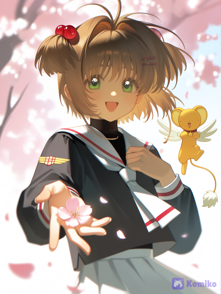 cardcaptor sakura, kero (cardcaptor sakura), The character is gently extending one hand toward the viewer while holding a delicate cherry blossom flower between their fingers, as if offering it as a gift. The gesture feels warm, friendly, and inviting. Their other hand is raised near their chest, creating a natural and relaxed pose.
They are dressed in a Japanese-style sailor school uniform featuring a dark navy base with red and white trim along the collar and cuffs. The high-neck black inner layer worn beneath the uniform adds extra contrast and gives the outfit a slightly modern touch.
Several accessories decorate the outfit and appearance. A glossy red cherry-shaped ornament is attached near the side of the head, matching the spring theme. Small decorative clips are also visible, adding a playful and youthful feeling.
Floating beside the character is a small yellow winged mascot resembling a magical teddy bear. The mascot has tiny white wings, rounded ears, and a cheerful expression, giving the scene a fantasy-inspired atmosphere.
Soft cherry blossom petals drift throughout the scene, surrounding the character in a dreamy spring setting. The close-up composition focuses on the flower being offered forward, making it feel as though the viewer is being personally invited into the moment, [aqua-dreamlight-style]