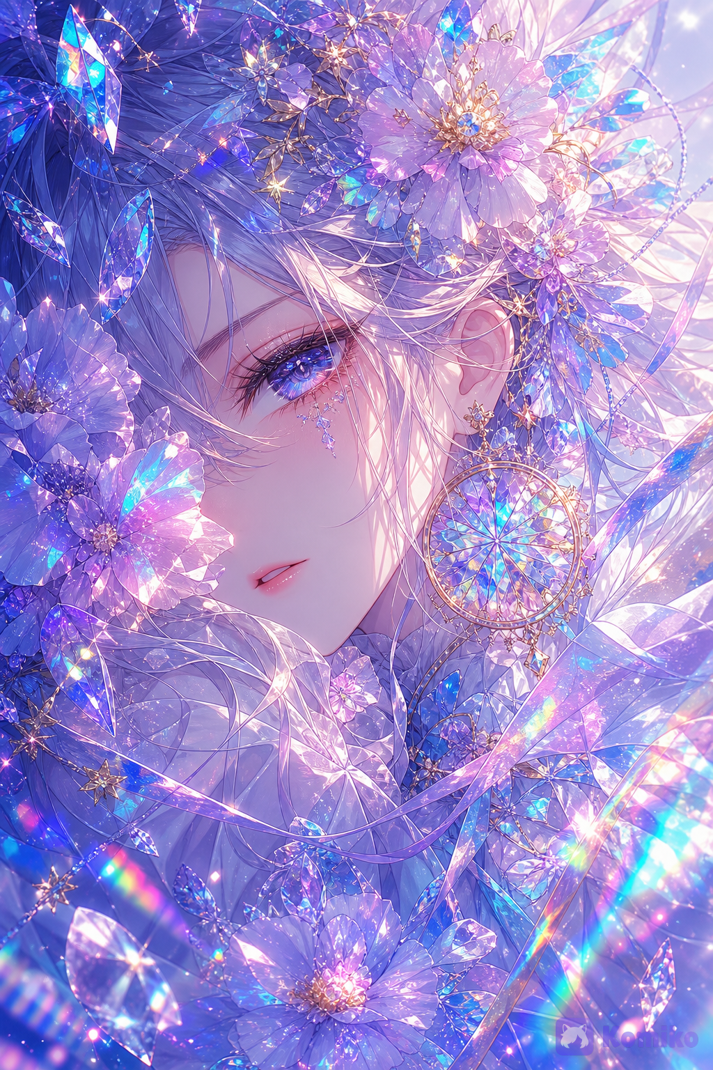 The character is shown in an extreme close-up pose, slightly tilted as if floating in a dreamlike world made of light and crystal fragments. One side of her face is partially hidden behind layers of translucent flowers, sparkling petals, and shimmering decorative elements that surround her like a magical aura.
She wears a delicate floral headpiece composed of layered blossoms, crystal ornaments, tiny gemstone accents, and iridescent decorative leaves. The accessory blends seamlessly into the surrounding flowers, creating the impression of a living crown made of light.
Near her ear hangs a large circular ornament resembling a crystal prism or stained-glass pendant. The accessory catches and reflects multiple colors, producing rainbow-like highlights that scatter across the image.
Her outfit features soft, flowing fabric decorated with translucent ribbons and petal-like layers. Thin strands of ribbon weave through the composition, twisting around crystal shards and floral decorations. The fabric appears lightweight and elegant, almost merging with the surrounding fantasy environment.
Sparkling crystal fragments of various sizes float around her. Some resemble shattered glass, while others look like polished gemstones suspended in midair. Tiny star-shaped lights and glowing particles are scattered throughout the scene, enhancing the magical atmosphere.
Colorful prism reflections in shades of blue, pink, violet, and turquoise spread across the clothing and accessories, creating an iridescent effect. The entire composition is filled with luminous decorative details, including flower petals, crystal dust, glowing sparkles, and rainbow light streaks.
The overall aesthetic combines fantasy, crystal elegance, and celestial beauty, giving the impression of a character surrounded by a world of flowers, gemstones, and refracted light.