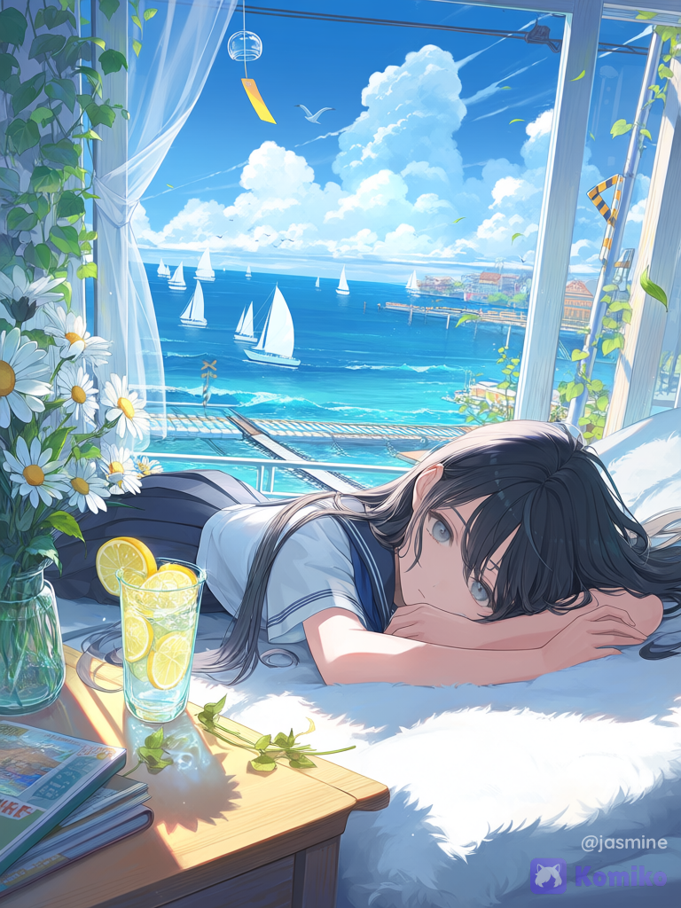 Komiko Description (English):
A breathtaking anime illustration set inside a bright seaside sunroom during a peaceful summer afternoon. In the foreground, a beautiful girl with long silky black hair and soft gray-blue eyes lies comfortably on a fluffy white bed. Her hair spreads naturally across the pillow, with a few loose strands dancing gently in the ocean breeze drifting through the open room. She wears a classic Japanese sailor-style school uniform consisting of a white short-sleeved blouse, a navy blue ribbon, and a dark pleated skirt.
Her expression is calm, dreamy, and slightly melancholic, as if she is lost in thought while listening to the distant sound of waves. She rests her head on her folded arms atop a large soft pillow, gazing quietly toward the viewer. Delicate sunlight filters through the surrounding vines and glass panels, creating beautiful leaf-shaped shadows that dance across her hair, face, arms, and clothing.
The room itself resembles a glass greenhouse overlooking the sea. White wooden frames surround large windows and doors, while transparent curtains flutter gracefully in the wind. Green climbing plants weave around the beams above, adding a fresh and natural atmosphere. Small decorative photographs and ornaments are attached to the window frame, giving the space a cozy and personal feeling.
Beyond the open windows stretches a stunning coastal landscape. A sparkling blue ocean reflects the summer sunlight, while gentle waves roll toward the shore. In the distance, a small white sailboat glides across the water beneath enormous cotton-like clouds filling the vivid blue sky. A seabird can be seen flying high above the horizon.
To the left side of the scene, a charming green-and-cream train passes along the coastal railway. The railroad crossing sign and utility poles create a nostalgic seaside-town atmosphere reminiscent of classic Japanese summer scenery.
Near the bed sits a wooden table decorated with fresh white daisies in a glass vase. Beside them is a tall glass of iced lemon water, with visible lemon slices floating inside and condensation forming on the outside of the glass. A magazine or book rests nearby, suggesting a slow and relaxing afternoon of reading.
Hanging from the ceiling is a delicate glass wind chime that catches the sunlight beautifully. The transparent chime sways softly in the breeze, enhancing the tranquil summer mood.
The overall artwork features an ultra-anime style with cinematic lighting, soft shadows, vibrant ocean blues, realistic cloud formations, delicate environmental details, and a dreamy slice-of-life atmosphere. The composition perfectly captures the feeling of a quiet summer day by the sea, filled with warmth, nostalgia, comfort, and gentle serenity.