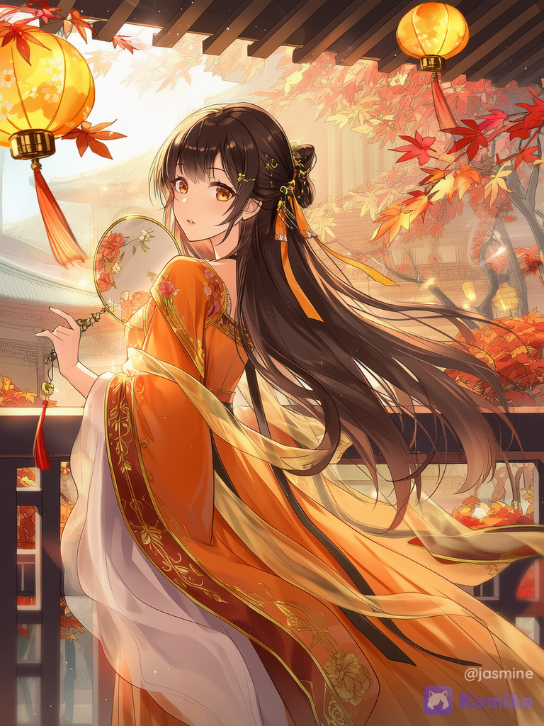 English Description
This artwork portrays a breathtaking young woman standing on a traditional palace balcony during a golden autumn afternoon. The entire scene is bathed in warm amber sunlight, creating an atmosphere that feels both elegant and dreamlike.
The girl has long, flowing dark brown hair that cascades gracefully down her back. Her hair is styled in an elaborate half-up traditional hairstyle adorned with delicate golden ornaments, floral hairpins, and dangling tassels that shimmer softly in the light. Loose strands frame her face, adding a gentle and ethereal touch.
Her features are delicate and refined. She has fair porcelain-like skin, soft amber-brown eyes, long eyelashes, and slightly parted rosy lips. She glances back over her shoulder with a calm and gentle expression, giving the impression of someone graceful, mysterious, and unforgettable.
She wears an exquisite Hanfu in shades of warm orange, gold, and ivory. The flowing sleeves and layered fabrics move elegantly in the breeze. Intricate golden embroidery decorates the garment, making it sparkle beneath the sunlight. Long ribbons of translucent orange fabric trail around her, enhancing the sense of movement and elegance.
In her hand, she holds a traditional round silk fan decorated with a large blooming flower in warm autumn colors. A delicate tassel hangs from the fan's handle, adding another touch of sophistication.
The background is filled with stunning autumn scenery. Vibrant red and orange maple leaves cover the trees and drift gently through the air. Ornate lanterns hang from the wooden pavilion above, casting a warm golden glow that blends beautifully with the sunlight.
Beyond the balcony stands a magnificent traditional palace surrounded by lush autumn foliage. The architecture, golden leaves, and glowing lanterns create a scene that feels like a fantasy kingdom from an ancient romance novel.
The lighting is the most enchanting part of the image. Sunbeams filter through the maple leaves, illuminating the girl's hair, clothing, and surroundings with a magical golden radiance. Every detail seems to sparkle, making the entire artwork feel rich, warm, and timeless.