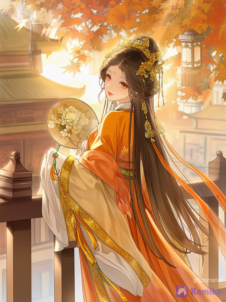 English Description
This artwork portrays a breathtaking young woman standing on a traditional palace balcony during a golden autumn afternoon. The entire scene is bathed in warm amber sunlight, creating an atmosphere that feels both elegant and dreamlike.
The girl has long, flowing dark brown hair that cascades gracefully down her back. Her hair is styled in an elaborate half-up traditional hairstyle adorned with delicate golden ornaments, floral hairpins, and dangling tassels that shimmer softly in the light. Loose strands frame her face, adding a gentle and ethereal touch.
Her features are delicate and refined. She has fair porcelain-like skin, soft amber-brown eyes, long eyelashes, and slightly parted rosy lips. She glances back over her shoulder with a calm and gentle expression, giving the impression of someone graceful, mysterious, and unforgettable.
She wears an exquisite Hanfu in shades of warm orange, gold, and ivory. The flowing sleeves and layered fabrics move elegantly in the breeze. Intricate golden embroidery decorates the garment, making it sparkle beneath the sunlight. Long ribbons of translucent orange fabric trail around her, enhancing the sense of movement and elegance.
In her hand, she holds a traditional round silk fan decorated with a large blooming flower in warm autumn colors. A delicate tassel hangs from the fan's handle, adding another touch of sophistication.
The background is filled with stunning autumn scenery. Vibrant red and orange maple leaves cover the trees and drift gently through the air. Ornate lanterns hang from the wooden pavilion above, casting a warm golden glow that blends beautifully with the sunlight.
Beyond the balcony stands a magnificent traditional palace surrounded by lush autumn foliage. The architecture, golden leaves, and glowing lanterns create a scene that feels like a fantasy kingdom from an ancient romance novel.
The lighting is the most enchanting part of the image. Sunbeams filter through the maple leaves, illuminating the girl's hair, clothing, and surroundings with a magical golden radiance. Every detail seems to sparkle, making the entire artwork feel rich, warm, and timeless.