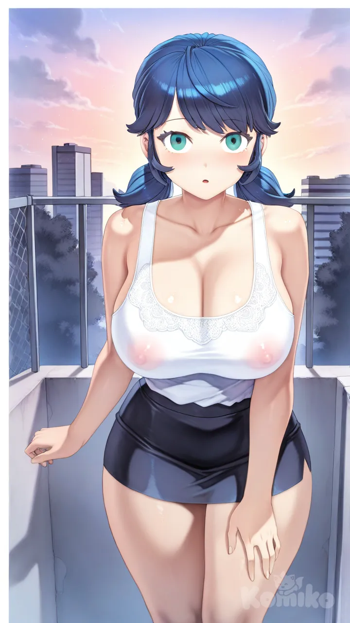 POV, Mogudan style, marinette, sissy, big breasts, tits shown, thick thighs, sunset rooftop, white lace tank top, black miniskirt, black thighs, hard nipples
