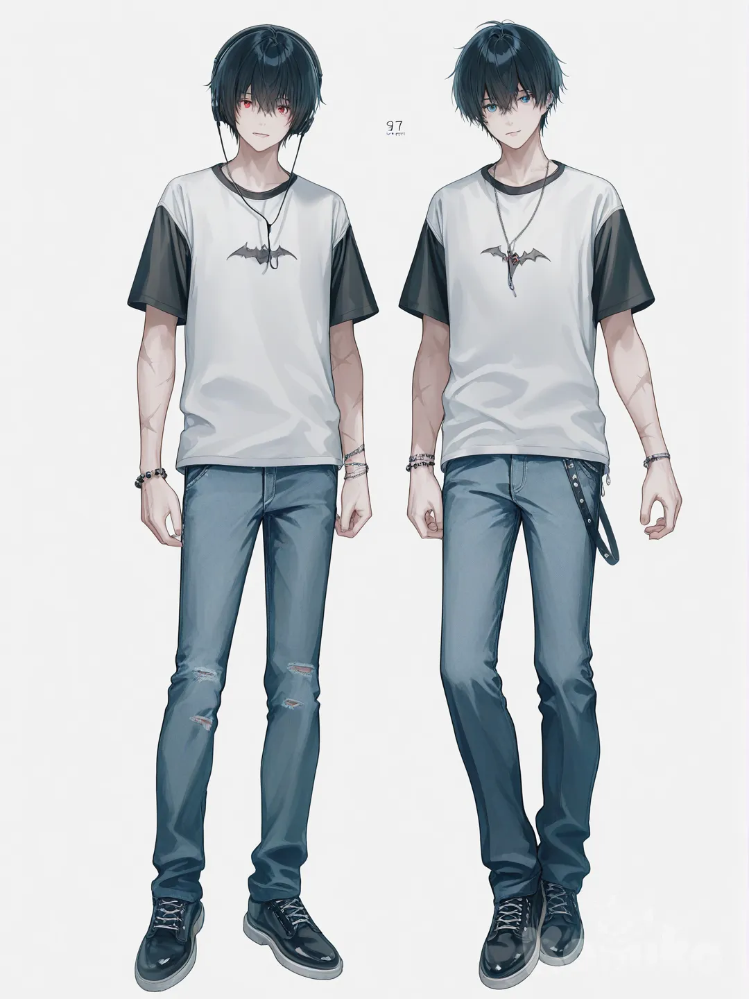 [soft-pastel-style] 1boy, realistic, vampire, athletic, tall, teenager, black hair, blue eyes, red eyes, scar, fair skin, t-shirt, jeans, school uniform, studs, headphones, bracelet, single character, full body, looking at viewer, simple background, white background