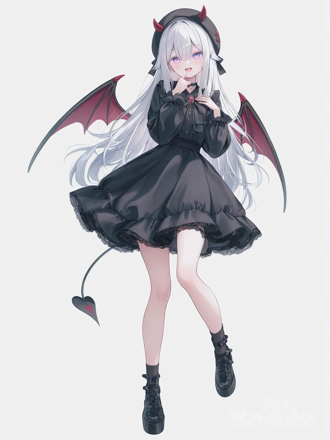 [soft-pastel-style] 1girl, genshin impact style, demon, vampire, teenager, curvy, slim, long hair, white hair, purple eyes, fair skin, little black dress, lace, single character, full body, looking at viewer, anime style, simple background, white background