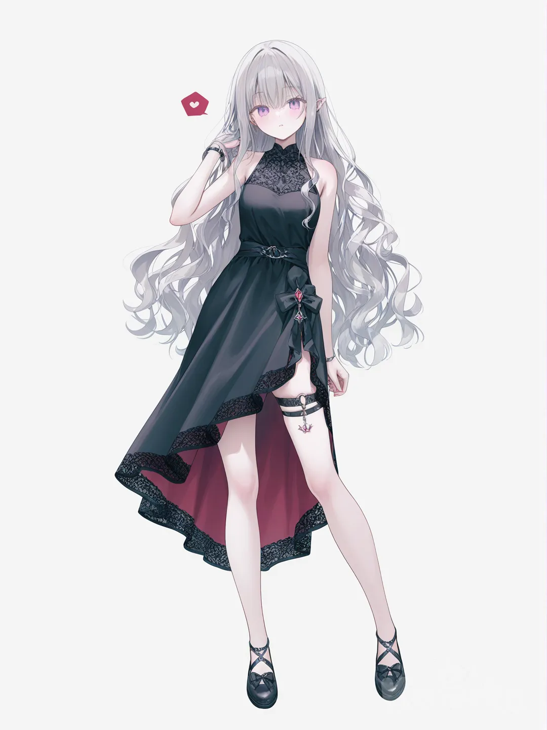 [soft-pastel-style] 1girl, demon, vampire, teenager, curvy, silver hair, long hair, wavy hair, purple eyes, fair skin, evening dress, lace, single character, full body, looking at viewer, anime style, simple background, white background