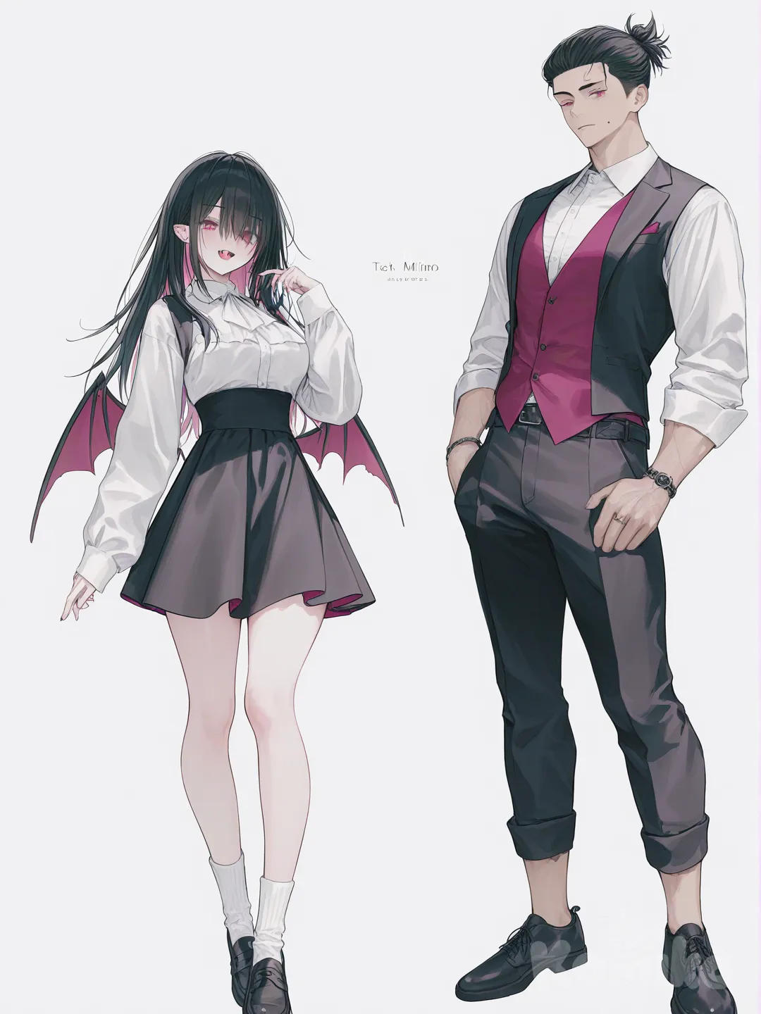 [soft-pastel-style] 1girl, 1boy, demon, vampire, jujutsu_kaisen, original_character, teenager, curvy, muscular, tall, red_eyes, purple_eyes, fair_skin, tan_skin, vest, casual_pants, little_black_dress, full_body, looking_at_viewer, simple_background, white_background