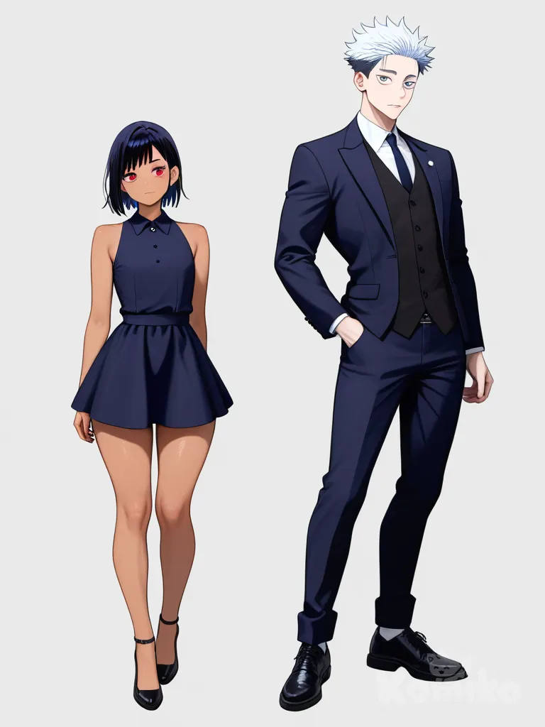 1girl, 1boy, demon, vampire, jujutsu_kaisen, original_character, teenager, curvy, muscular, tall, red_eyes, purple_eyes, fair_skin, tan_skin, vest, casual_pants, little_black_dress, full_body, looking_at_viewer, simple_background, white_background