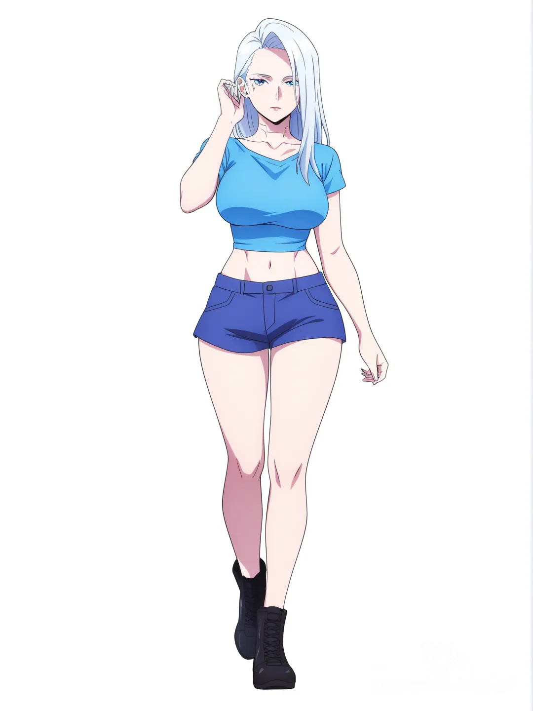 [pop-anime-style] 1girl, mature_female, slim, curvy, blue_eyes, pale_skin, white_hair, long_hair, crop_top, shorts, cyberpunk, single character, full body, looking at viewer, anime style, simple background, white background