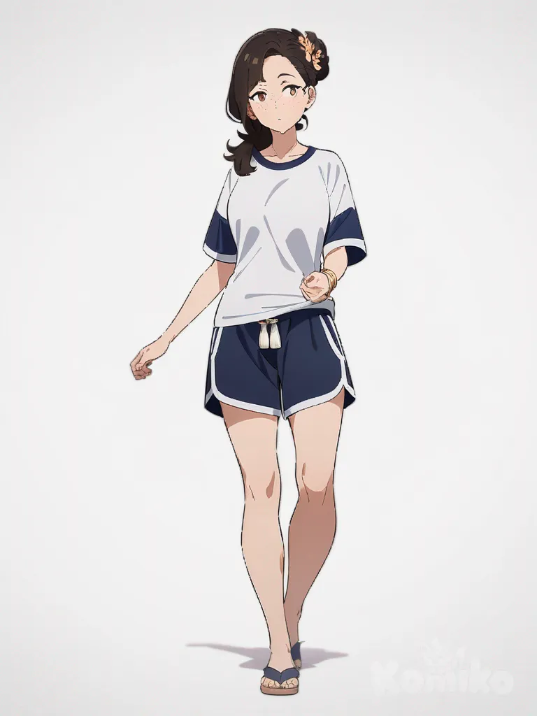1girl, mature, brown eyes, freckles, fair skin, t-shirt, beach shorts, pajamas, tassels, hair accessory, single character, full body, looking at viewer, anime style, simple background, white background