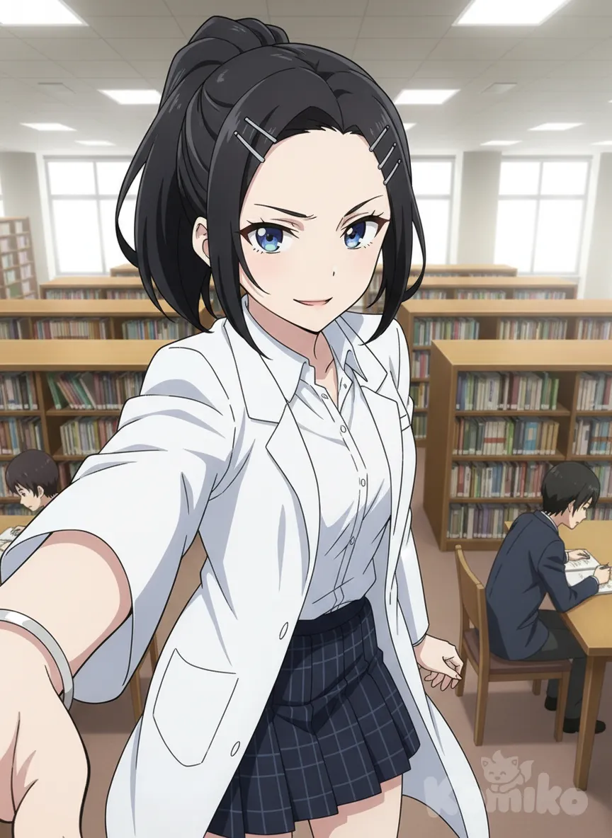 <liko-C1at>, anime screencap, selfie, lab coat, smirk, pencil skirt, school uniform, plastic, bracelet, high ponytail, charcoal black, from above, top light, library