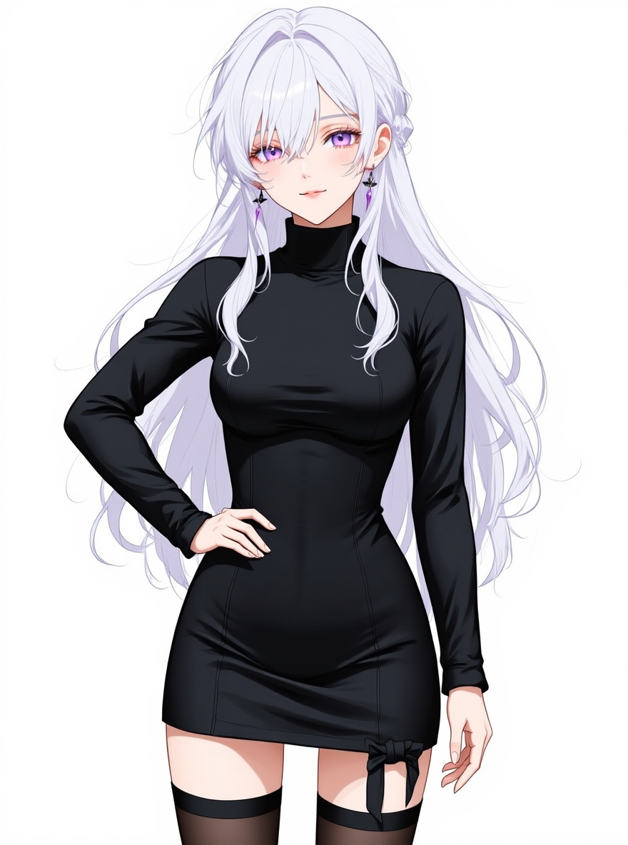 1girl, white wavy long waist-length hair, purple-pink siren-shaped eyes, hourglass body, black turtleneck top, black shorts with black half-skirt, elevated black boots, mature, slim, pale skin, single character, full body, looking at viewer, anime style, simple background, white background